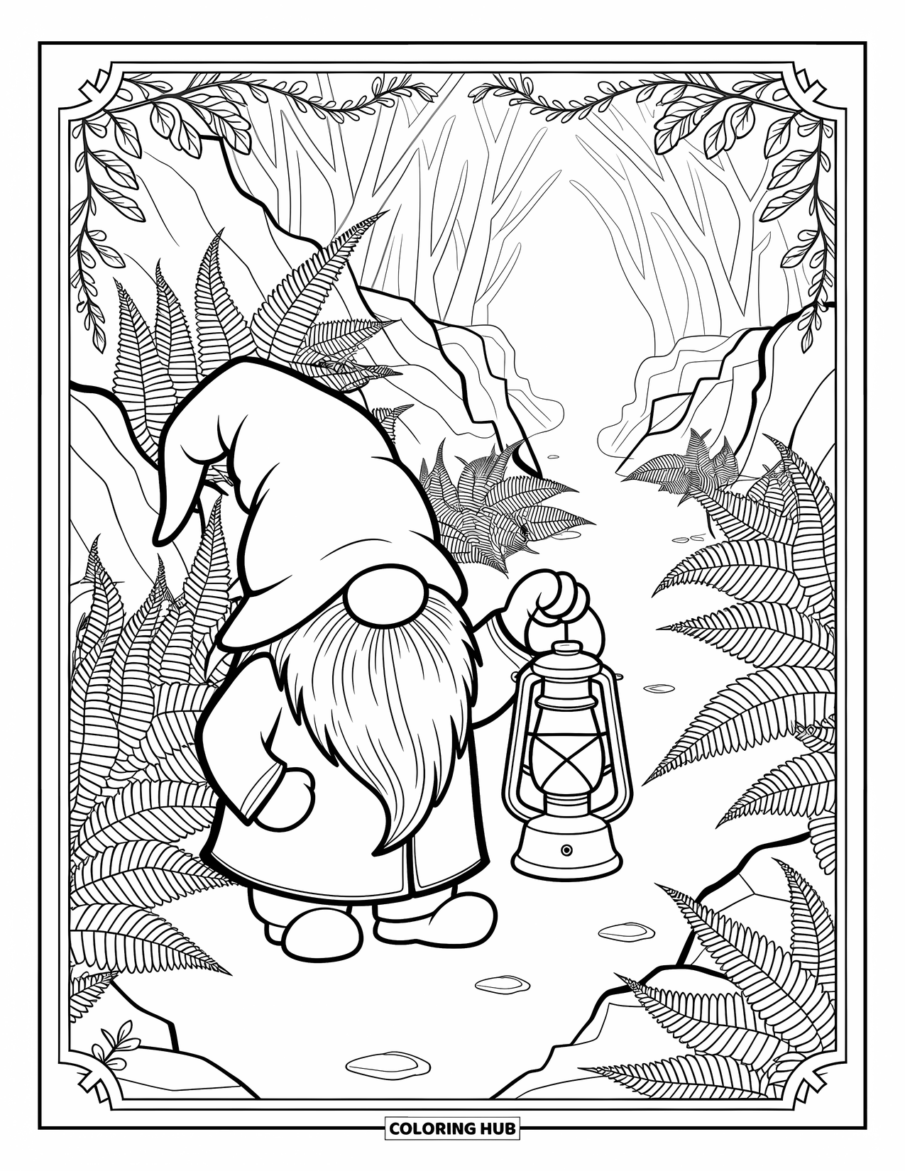 Desen de colorat cu gnom pentru adulți: Un gnom luminând calea cu un felinar pe o potecă cețoasă cu ferigi