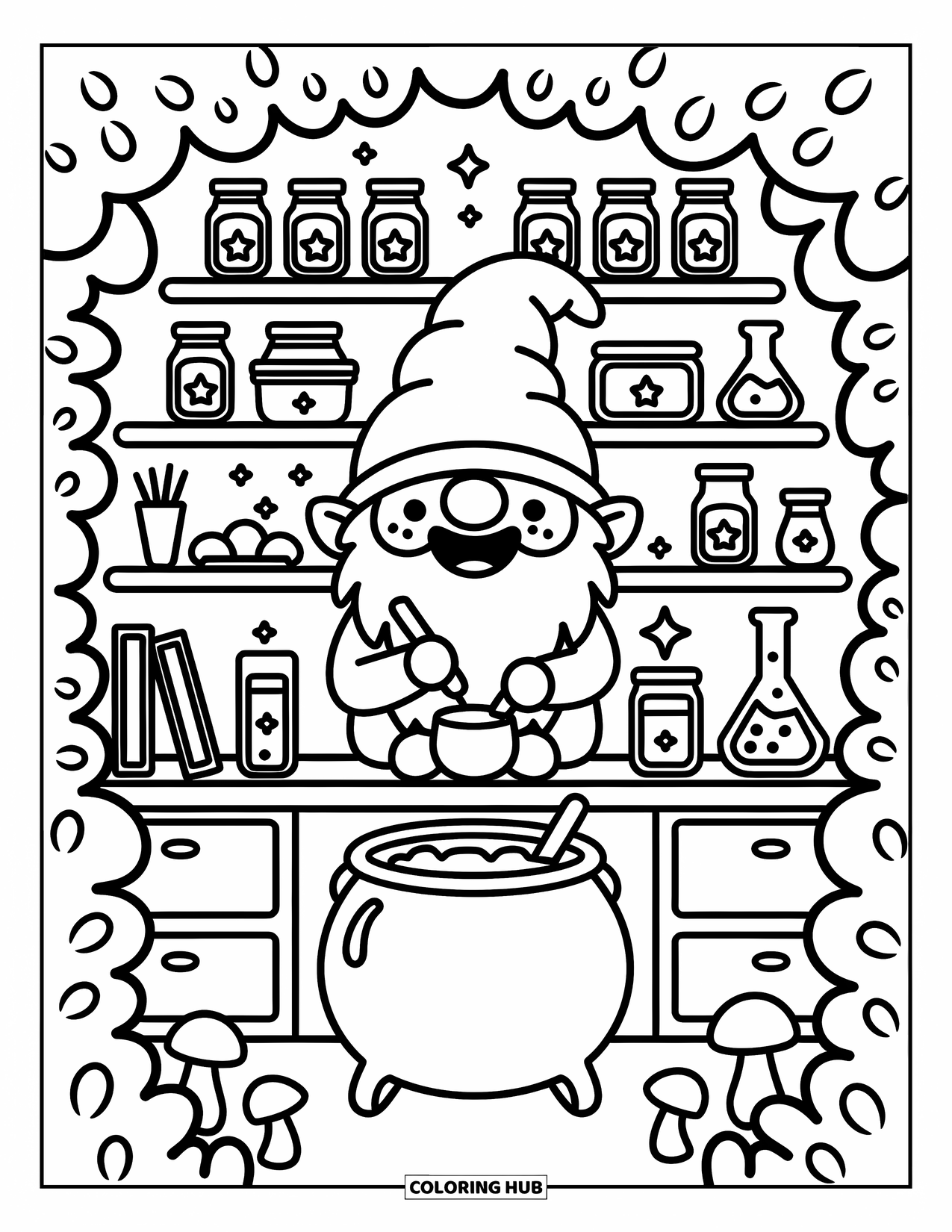 Desen de colorat cu gnom pentru adulți: Un gnom care face poțiuni înconjurat de borcane și cărți într-un laborator confortabil
