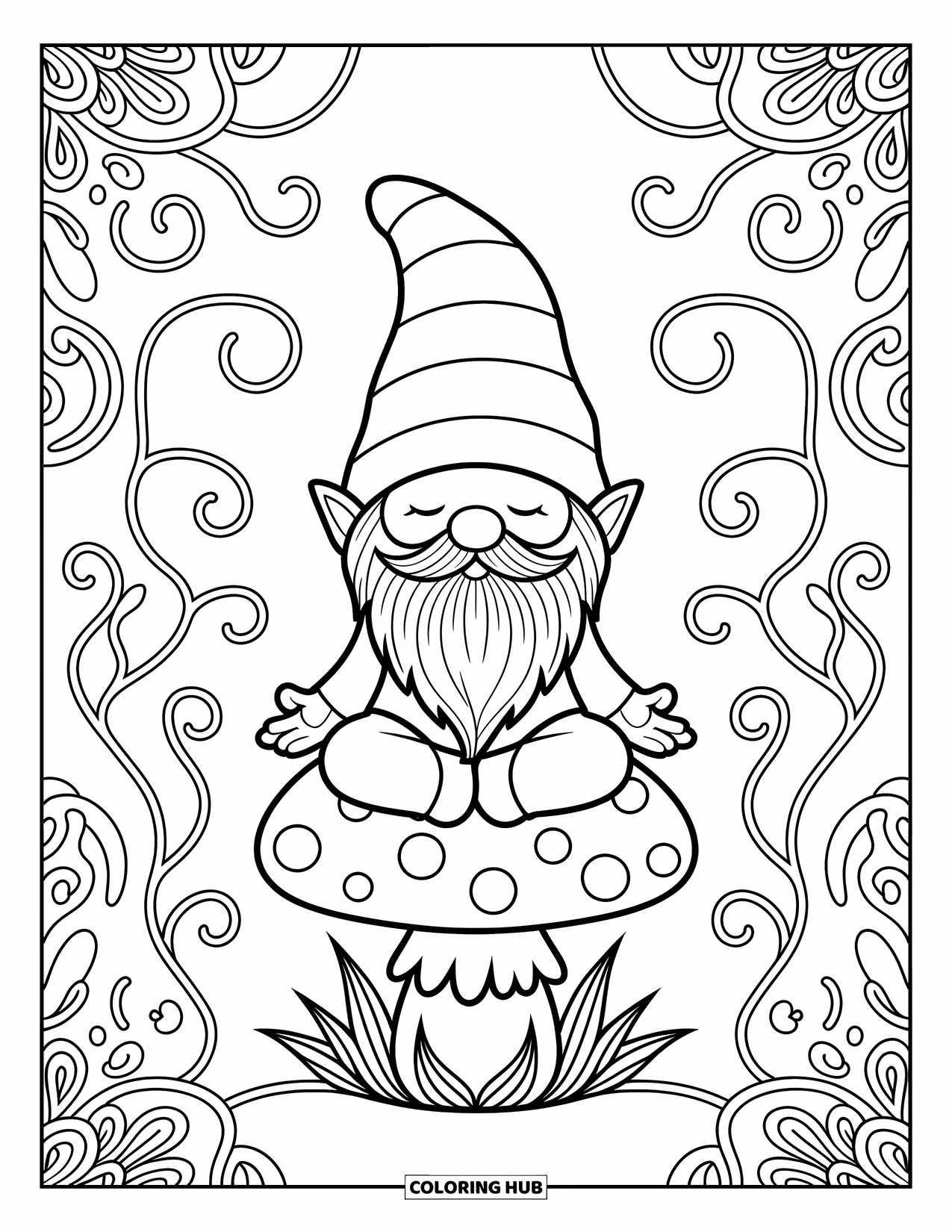 Desen de colorat cu gnom pentru adulți: Un gnom meditând pe o ciupercă, înconjurat de liane spiralate