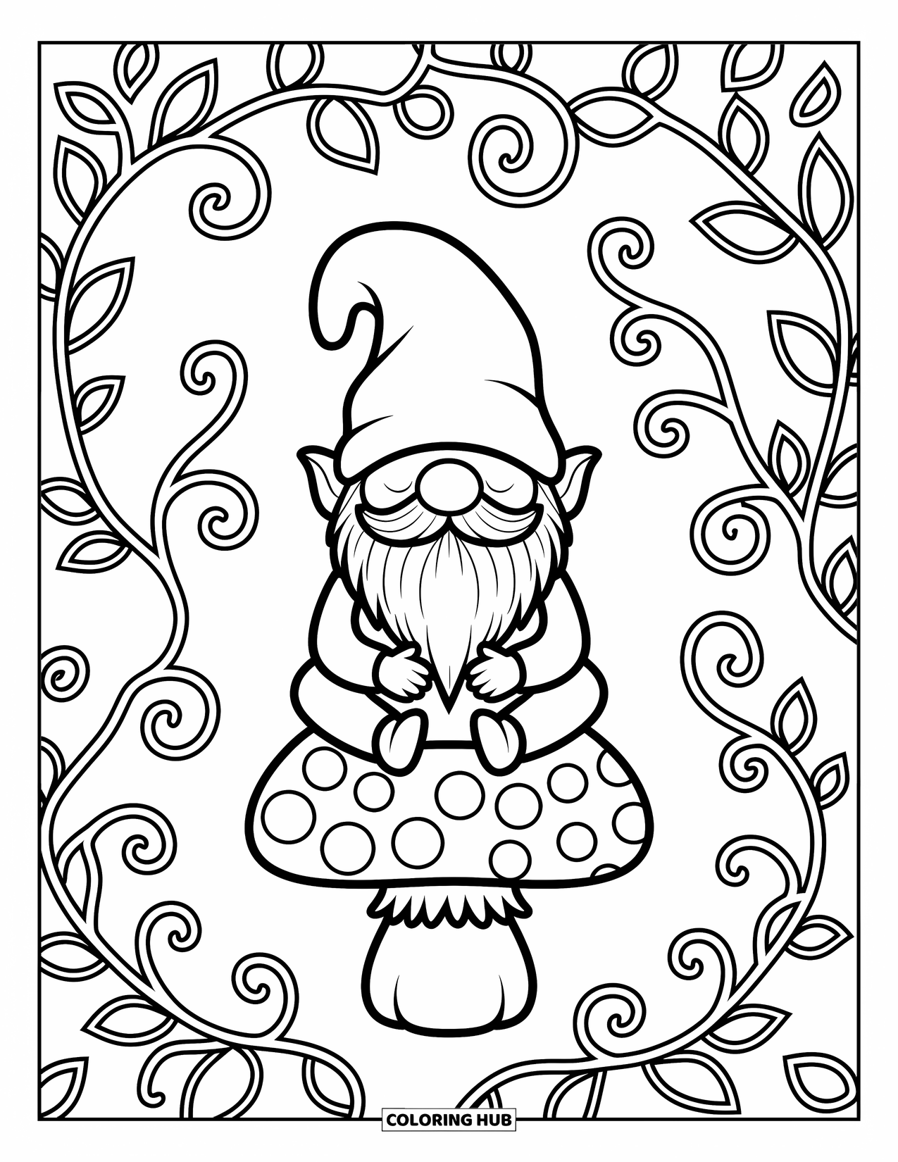 Desen de colorat cu gnom pentru adulți: Un gnom meditând cu liane și modele florale detaliate în jur
