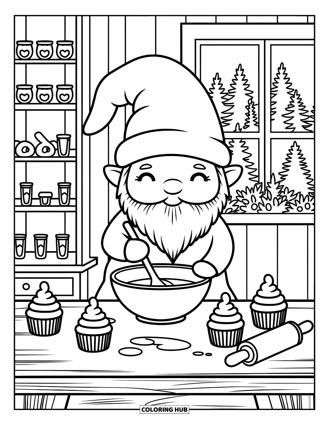 Desen de colorat cu gnom pentru adulți: Un gnom amestecând aluat la o masă cu brioșe și o vedere la fereastră