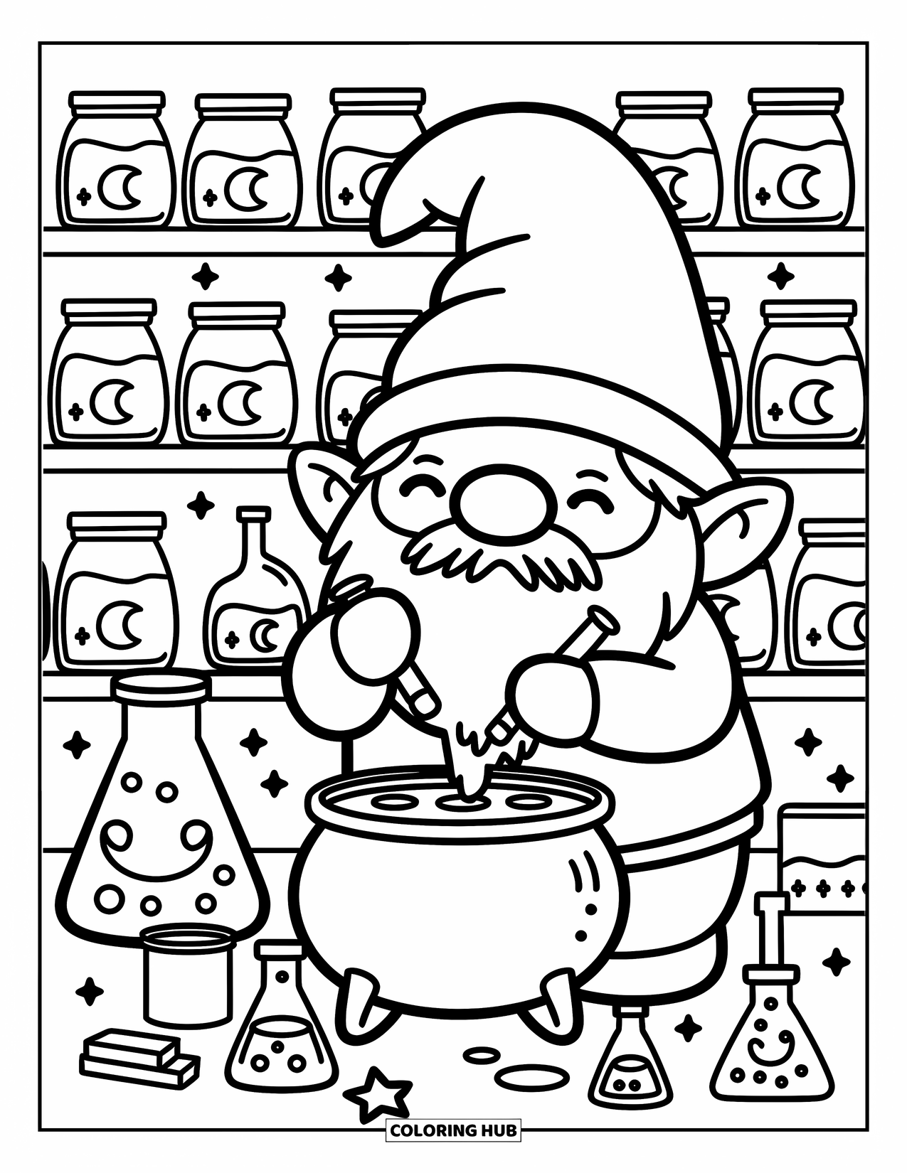 Desen de colorat cu gnom pentru adulți: Un gnom care amestecă poțiuni într-un laborator împădurit cu rafturi de borcane