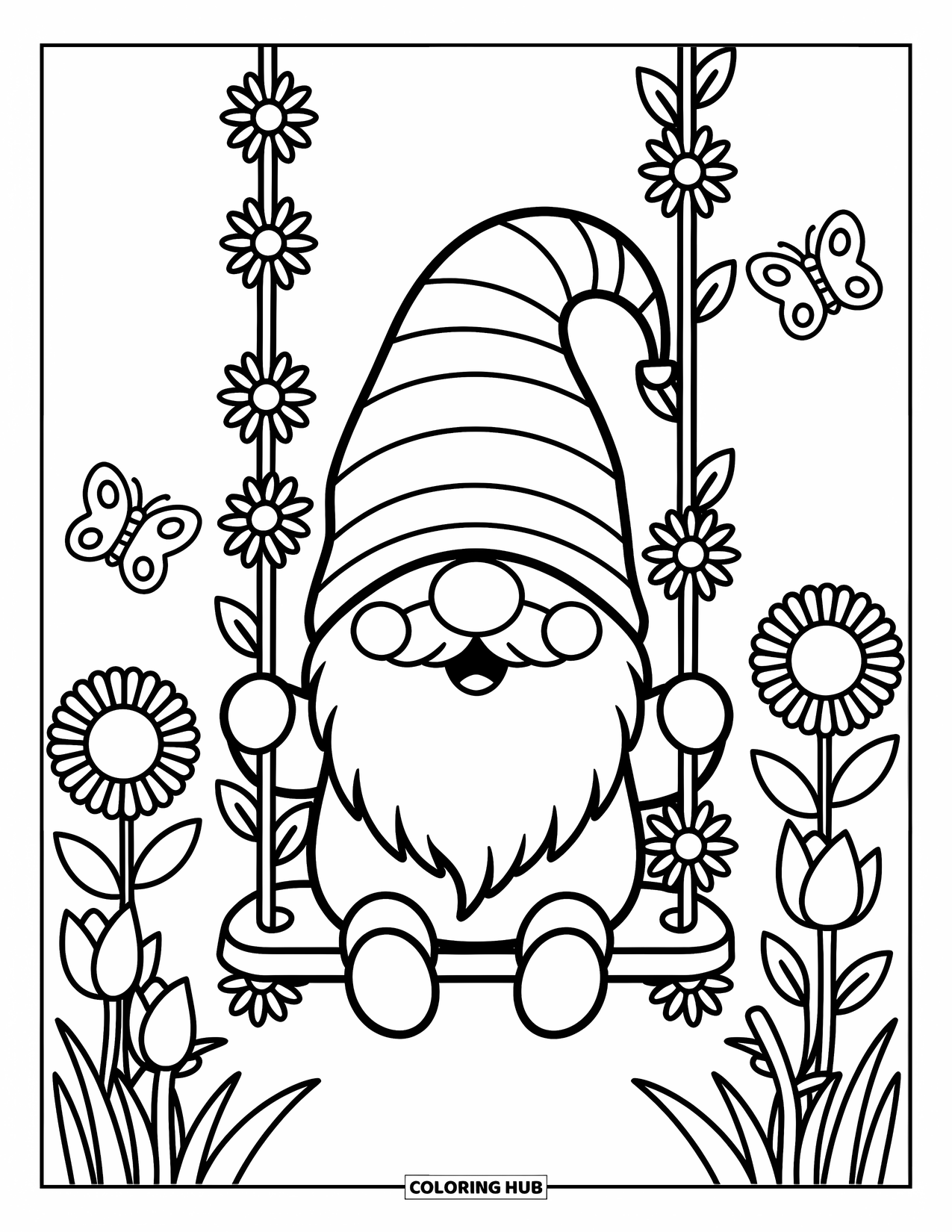 Desen de colorat cu gnom pentru adulți: Un gnom pe un leagăn împodobit cu flori, înconjurat de fluturi