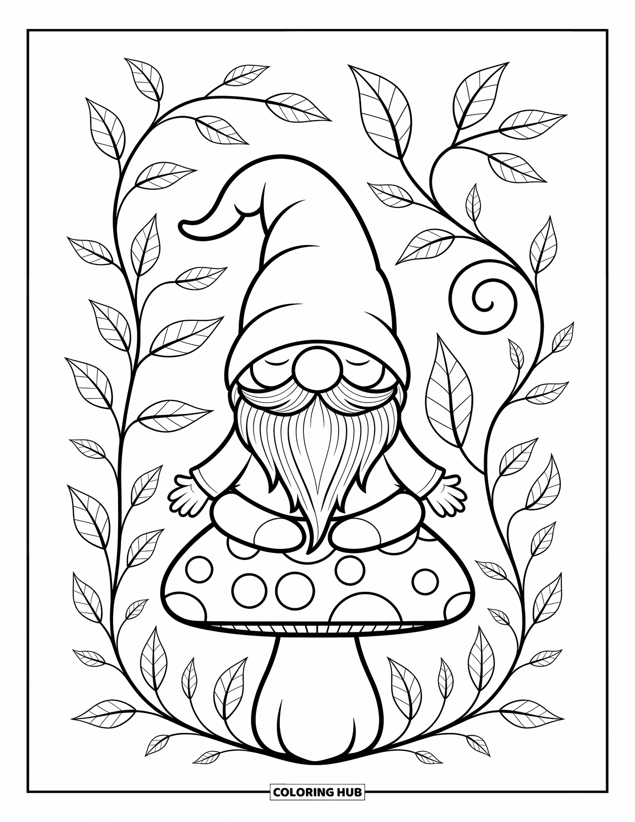 Desen de colorat cu gnom pentru adulți: Un gnom pe o ciupercă înconjurat de liane și motive florale