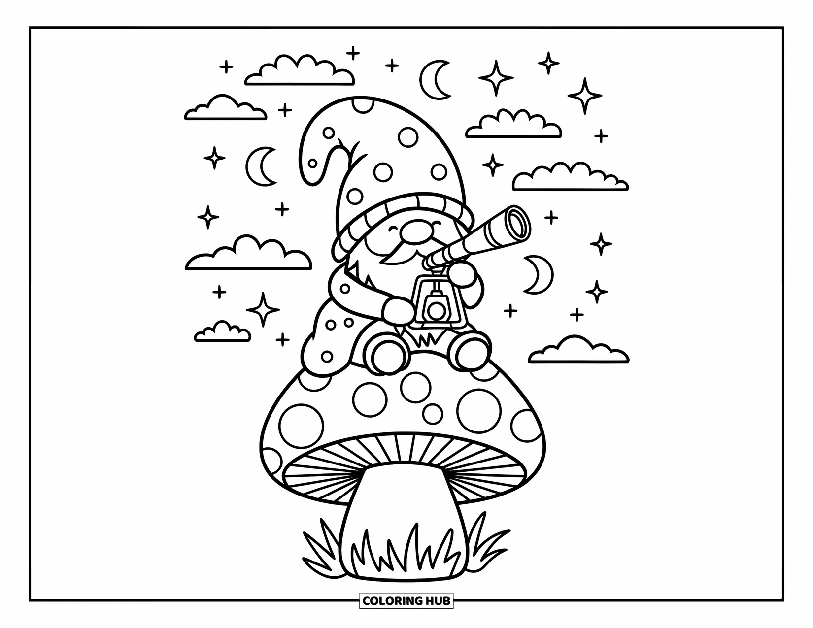 Desen de colorat cu gnom pentru adulți: Un gnom pe o ciupercă cu un telescop și o pătură confortabilă
