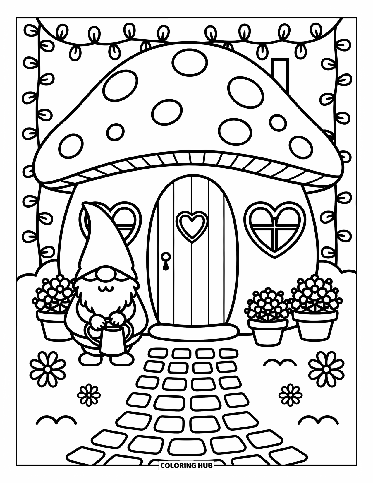 Desen de colorat cu gnom pentru adulți: Un gnom în afara unei case ciupercă udând flori lângă o potecă de piatră cubică