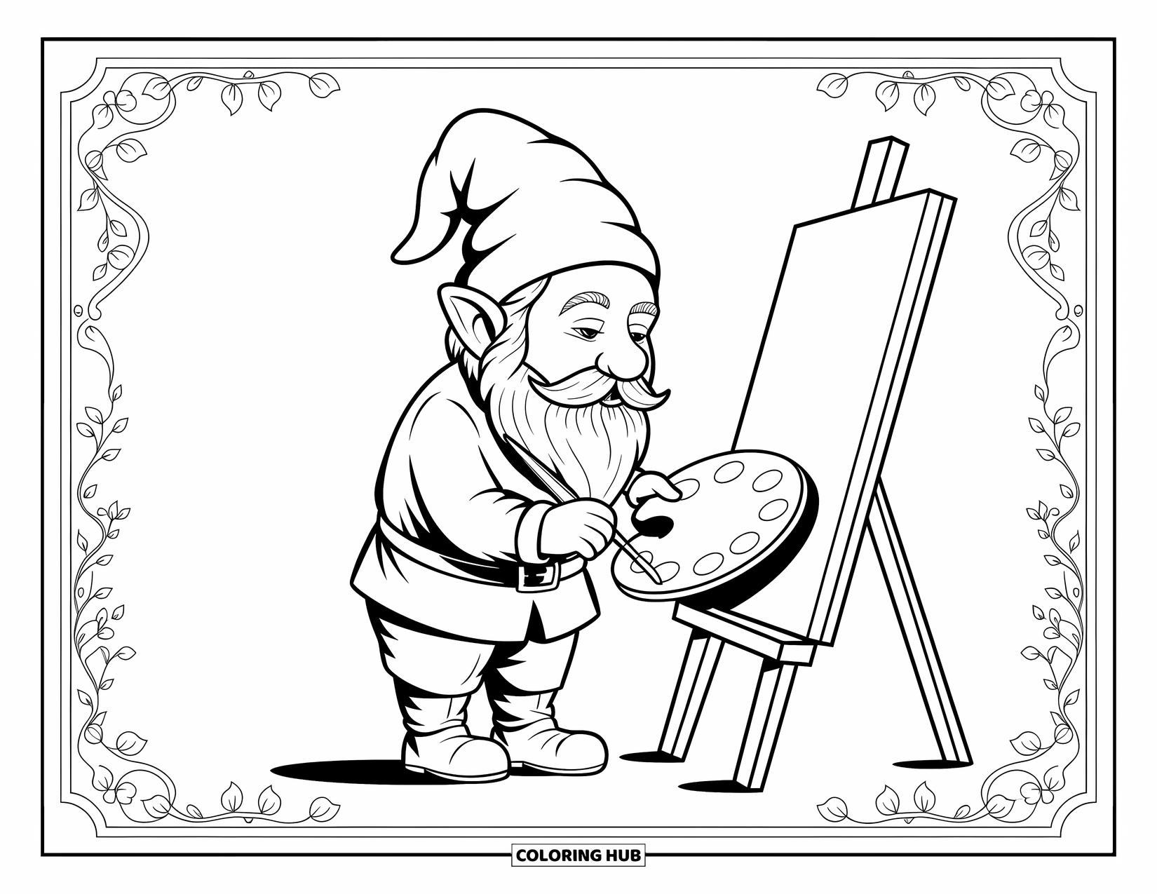 Desen de colorat cu gnom pentru adulți: Un gnom pictând pe o pânză cu motive florale spiralate în jur
