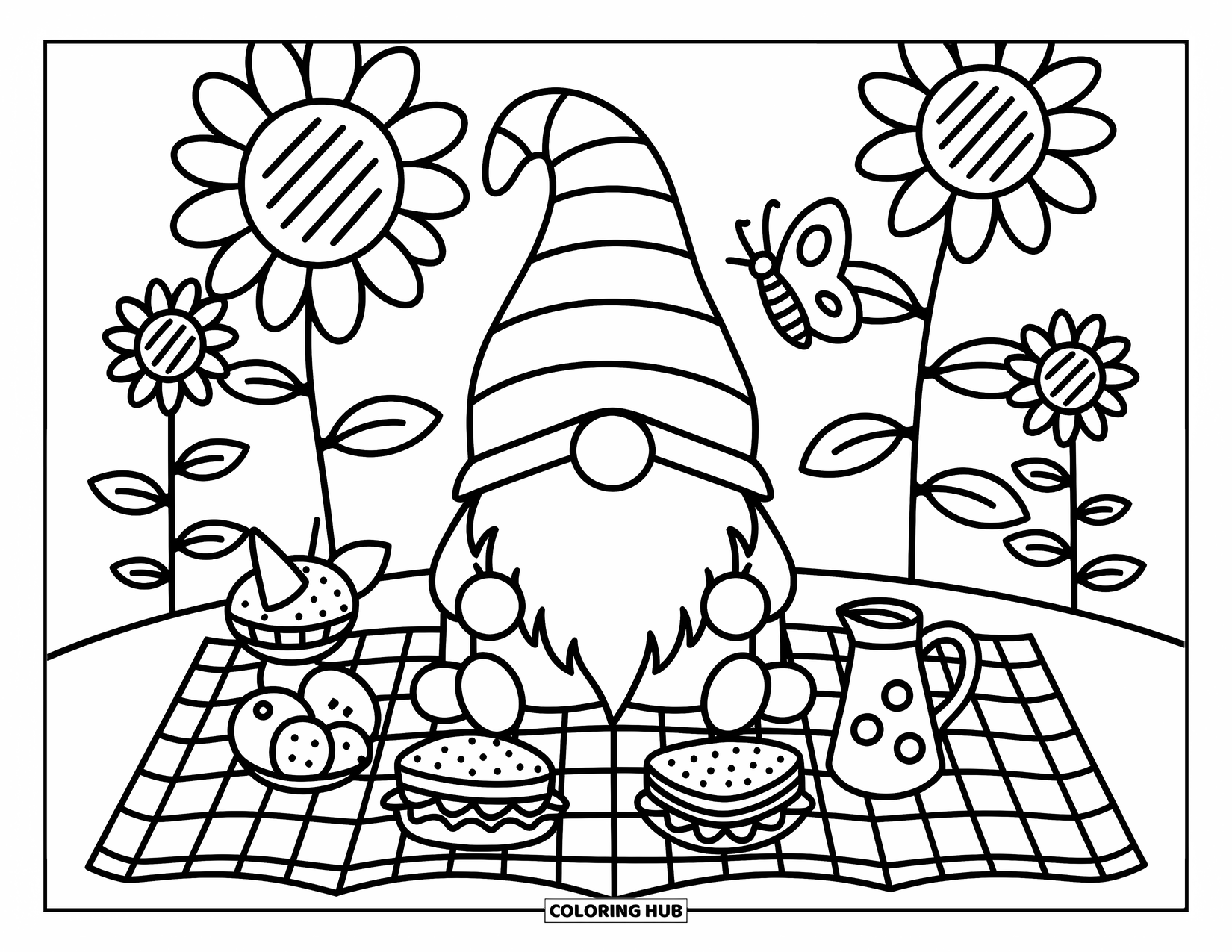 Desen de colorat cu gnom pentru adulți: Un gnom picnic sub floarea-soarelui cu sandvișuri și un fluture în apropiere