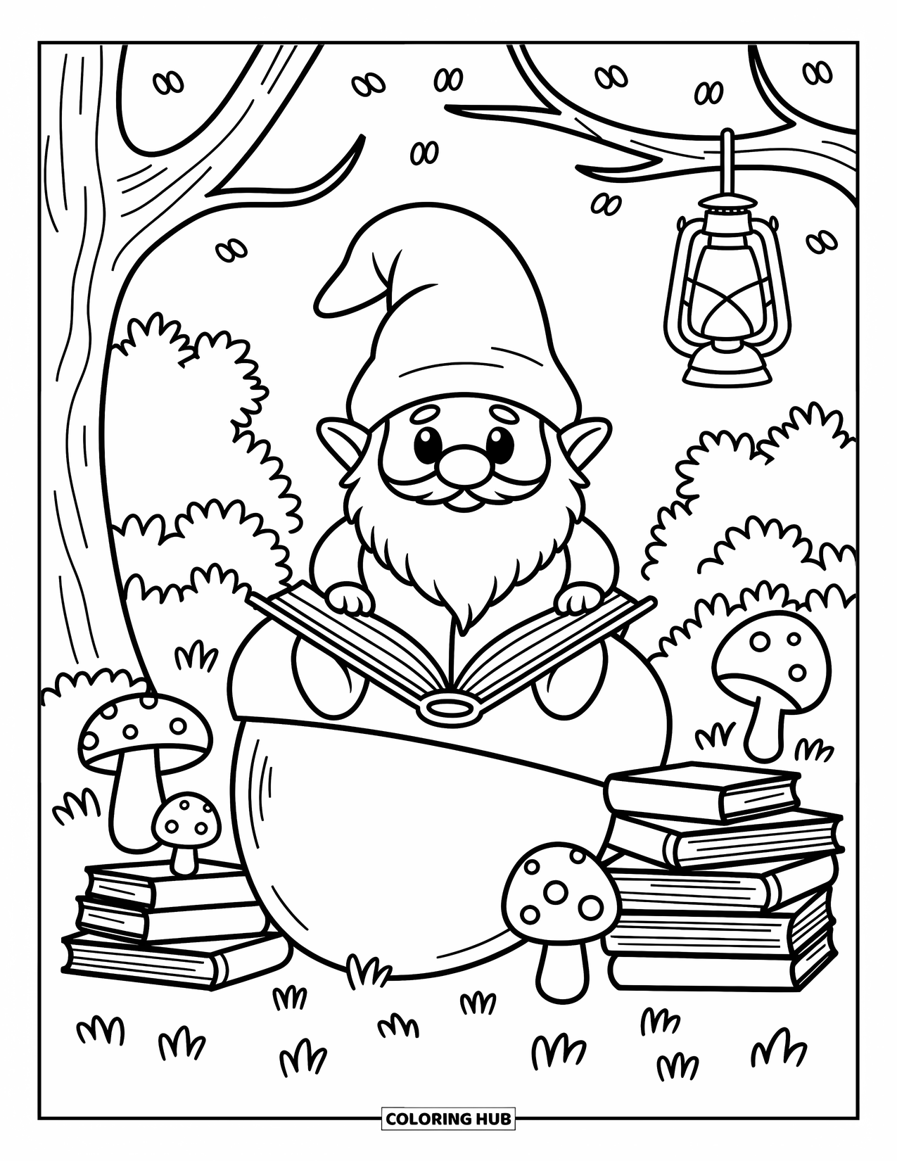Desen de colorat cu gnom pentru adulți: Un gnom care citește lângă ciuperci și un felinar într-o pădure confortabilă