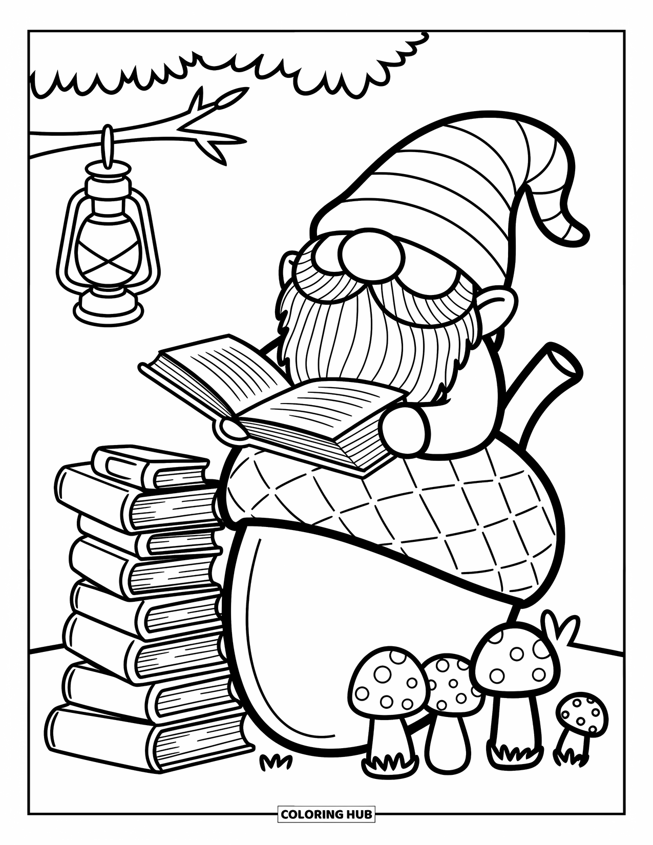Desen de colorat cu gnom pentru adulți: Un gnom relaxându-se lângă o ghindă, cu cărți și un felinar în apropiere