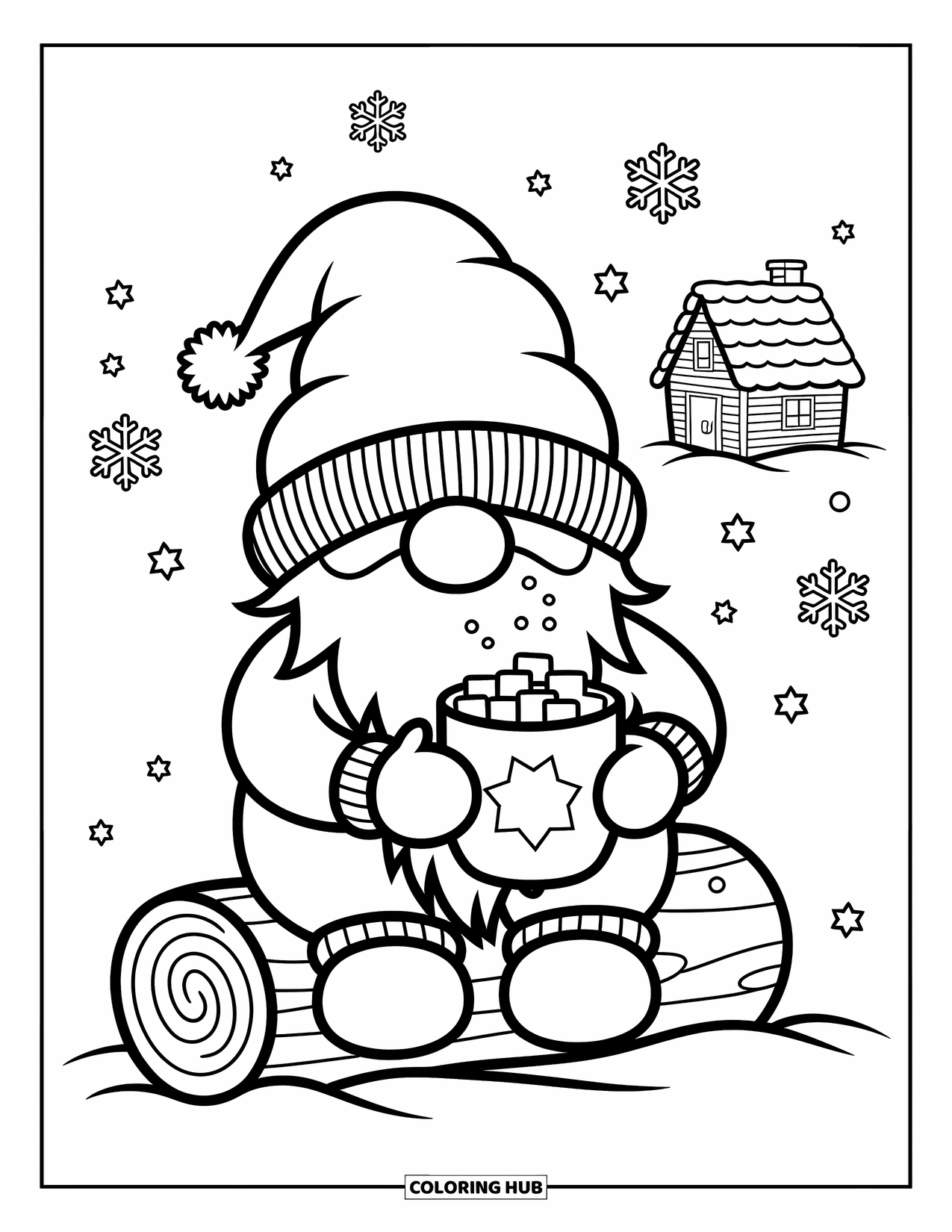 Desen de colorat cu gnom pentru adulți: Un gnom care sorbă cacao pe un buștean cu fulgi de zăpadă și o cabană îndepărtată