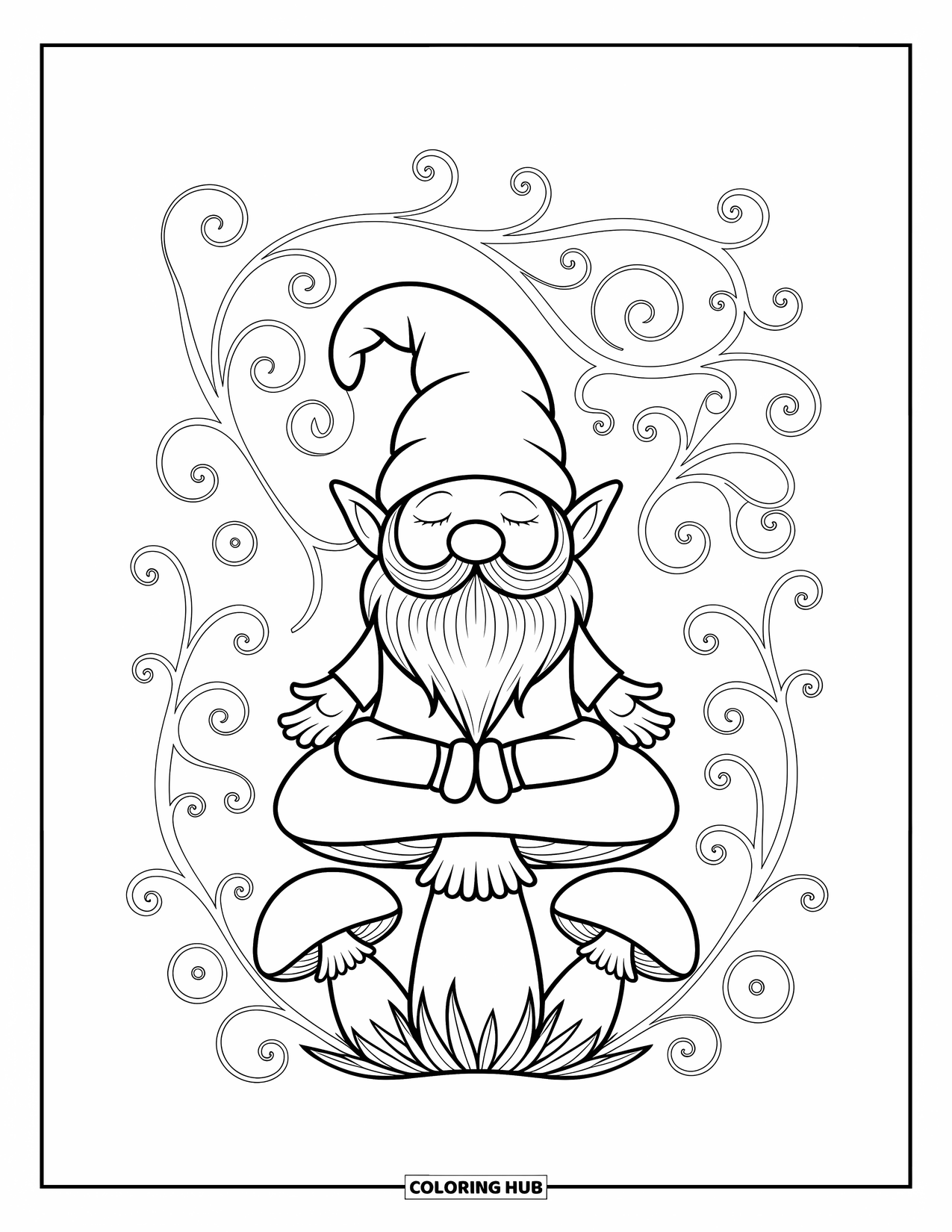 Desen de colorat cu gnom pentru adulți: Un gnom stând pe o ciupercă cu liane spiralate și modele complicate