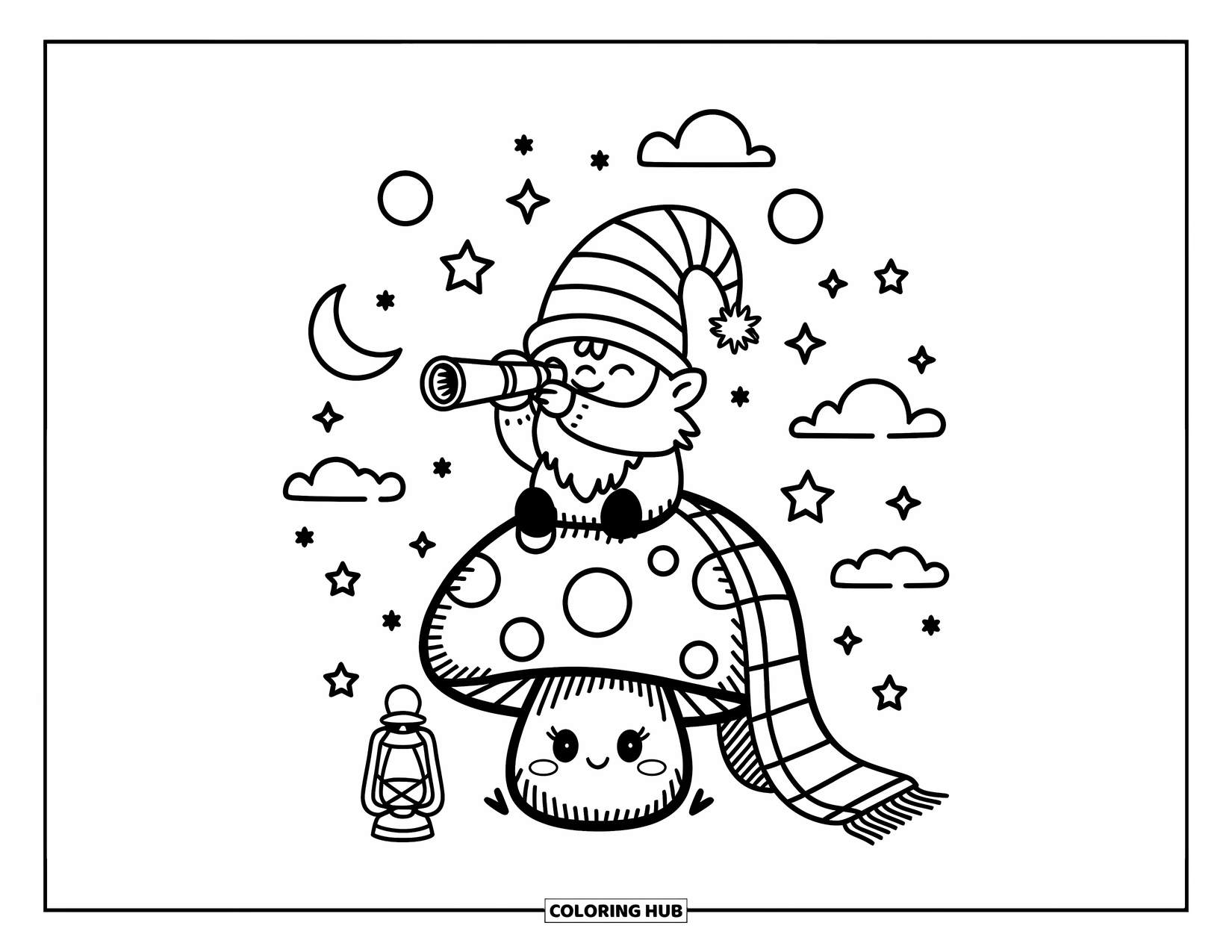 Desen de colorat cu gnom pentru adulți: Un gnom privind stelele pe o ciupercă cu un telescop și un felinar