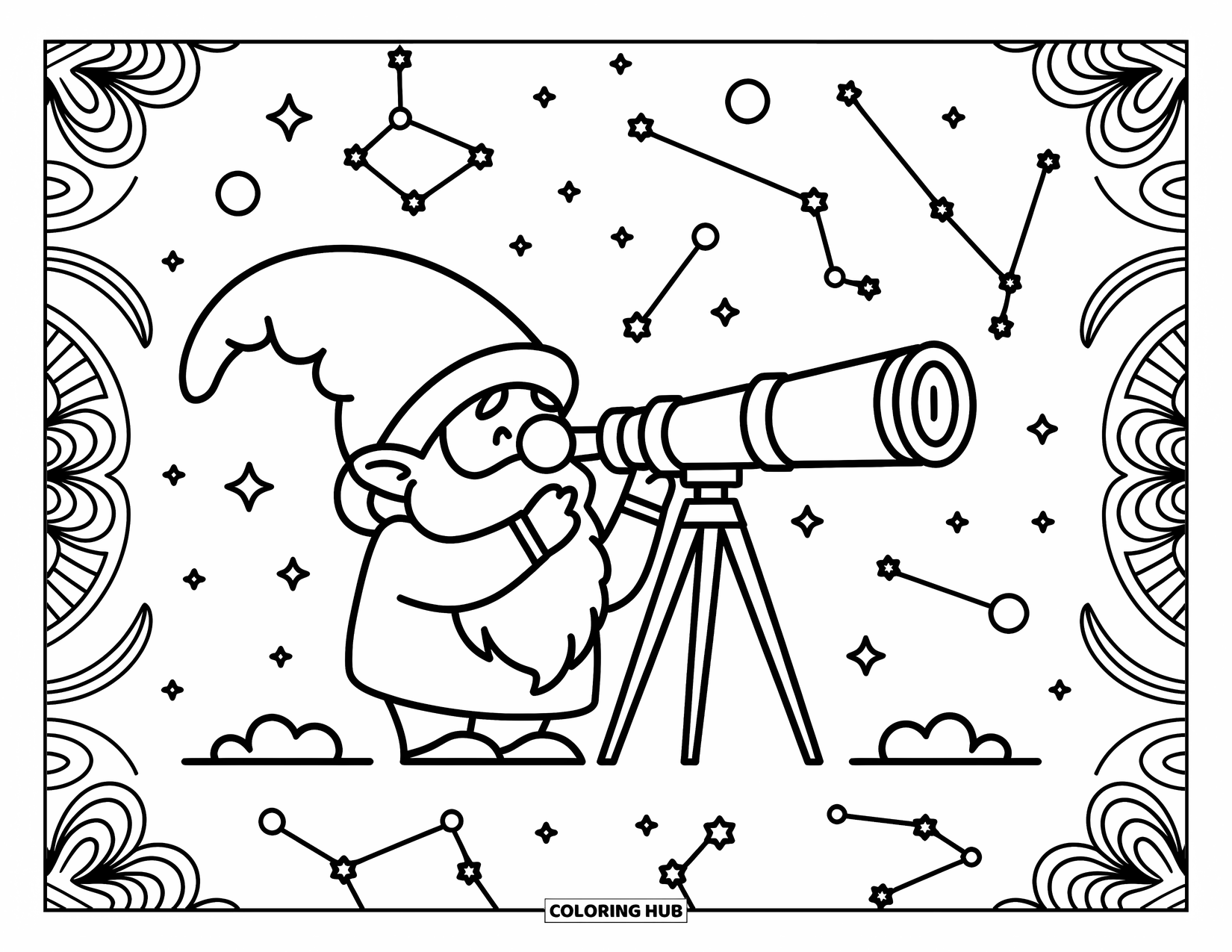 Desen de colorat cu gnom pentru adulți: Un gnom privind stelele cu un telescop, înconjurat de modele cerești