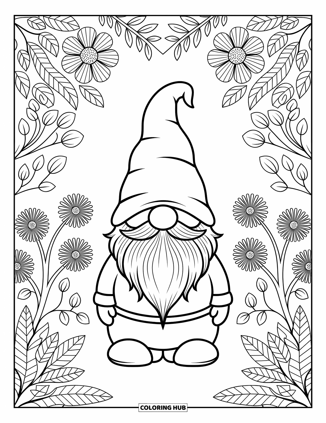 Desen de colorat cu gnom pentru adulți: Un gnom înconjurat de flori și liane într-o scenă complexă de grădină