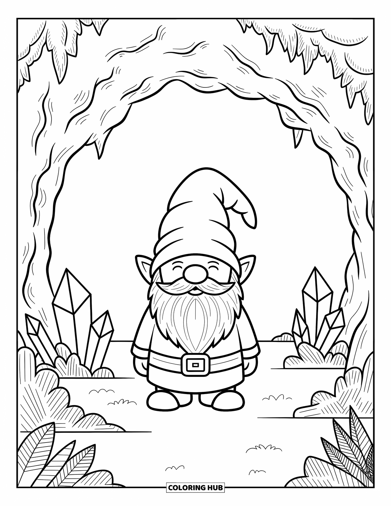 Desen de colorat cu gnom pentru adulți: Un gnom înconjurat de rune și cristale strălucitoare într-o vizuină subterană