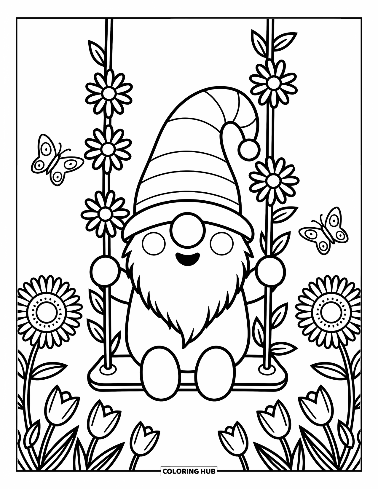 Desen de colorat cu gnom pentru adulți: Un gnom legănându-se pe un leagăn de liană cu flori și fluturi în jur