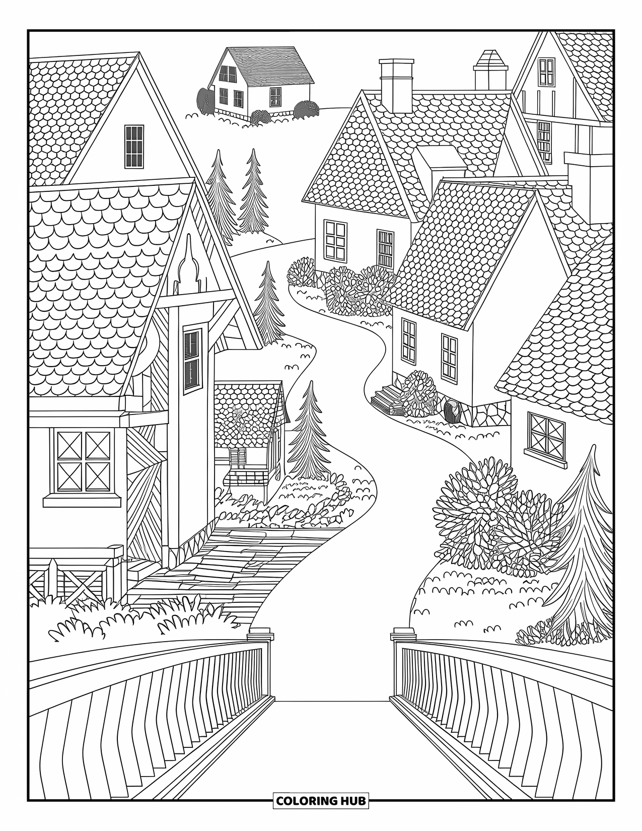 Desen de colorat cu gnom pentru adulți: Un sat de gnomi cu căsuțe și poduri, înconjurat de modele complicate