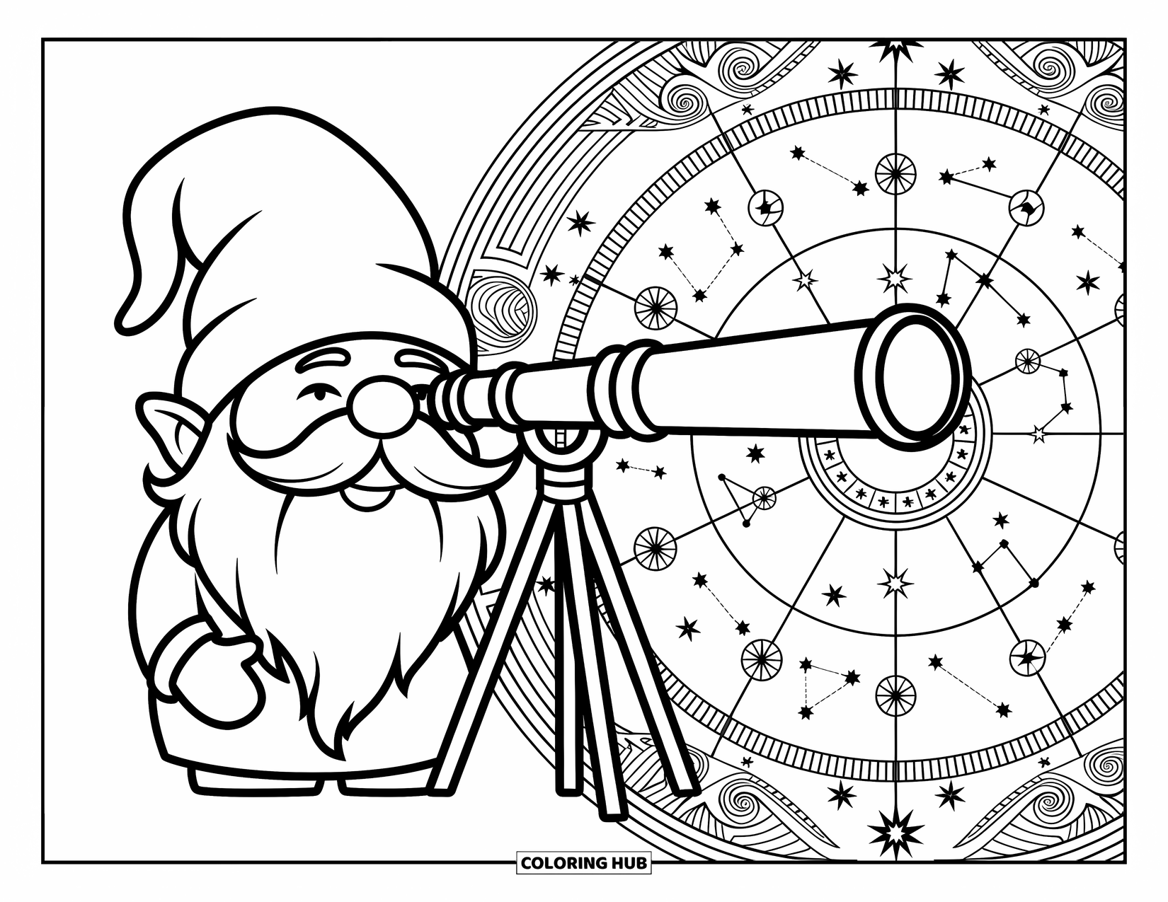 Desen de colorat cu gnom pentru adulți: Un gnom urmărind constelațiile cu un telescop și modele cerești detaliate
