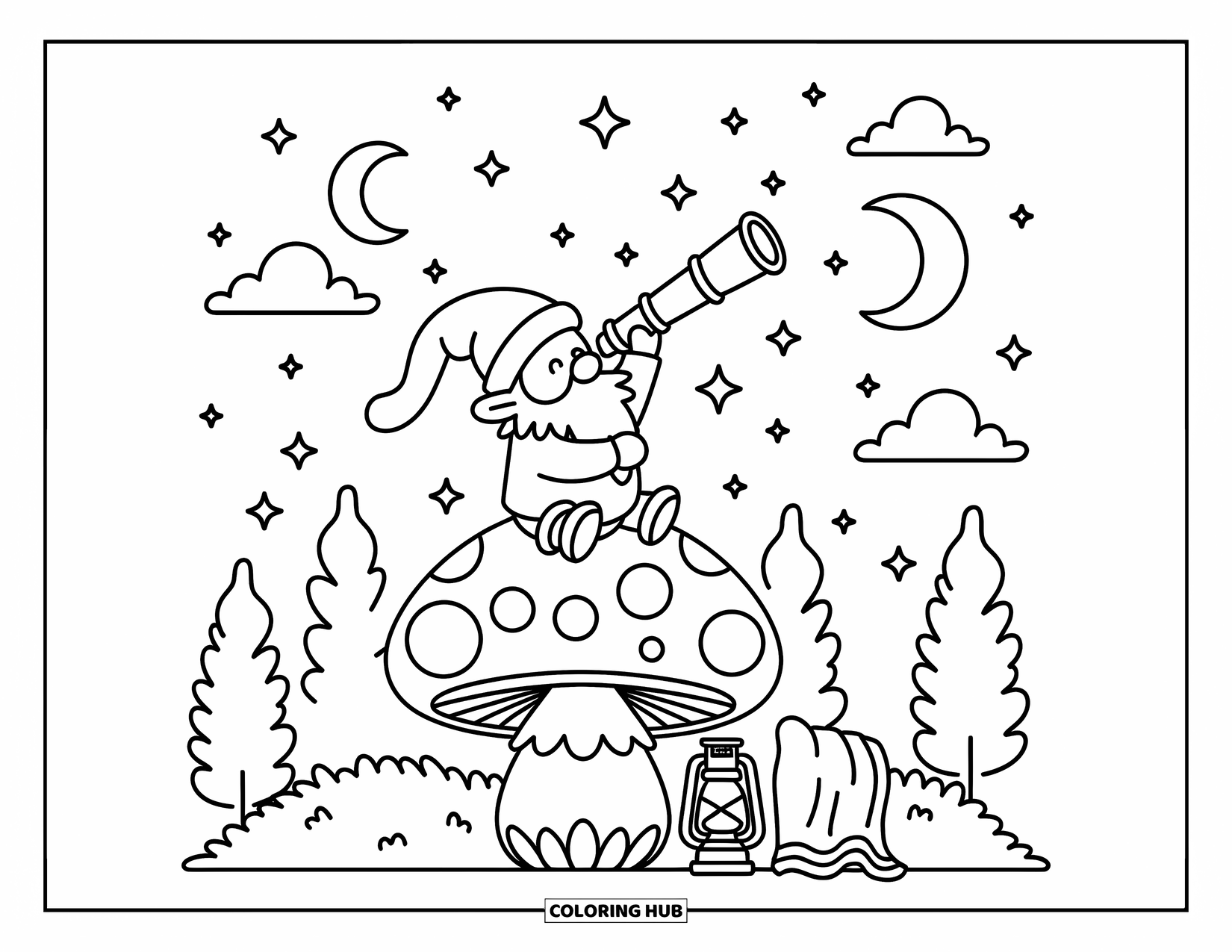 Desen de colorat cu gnom pentru adulți: Un gnom care privește stelele de pe o ciupercă cu un telescop și un felinar