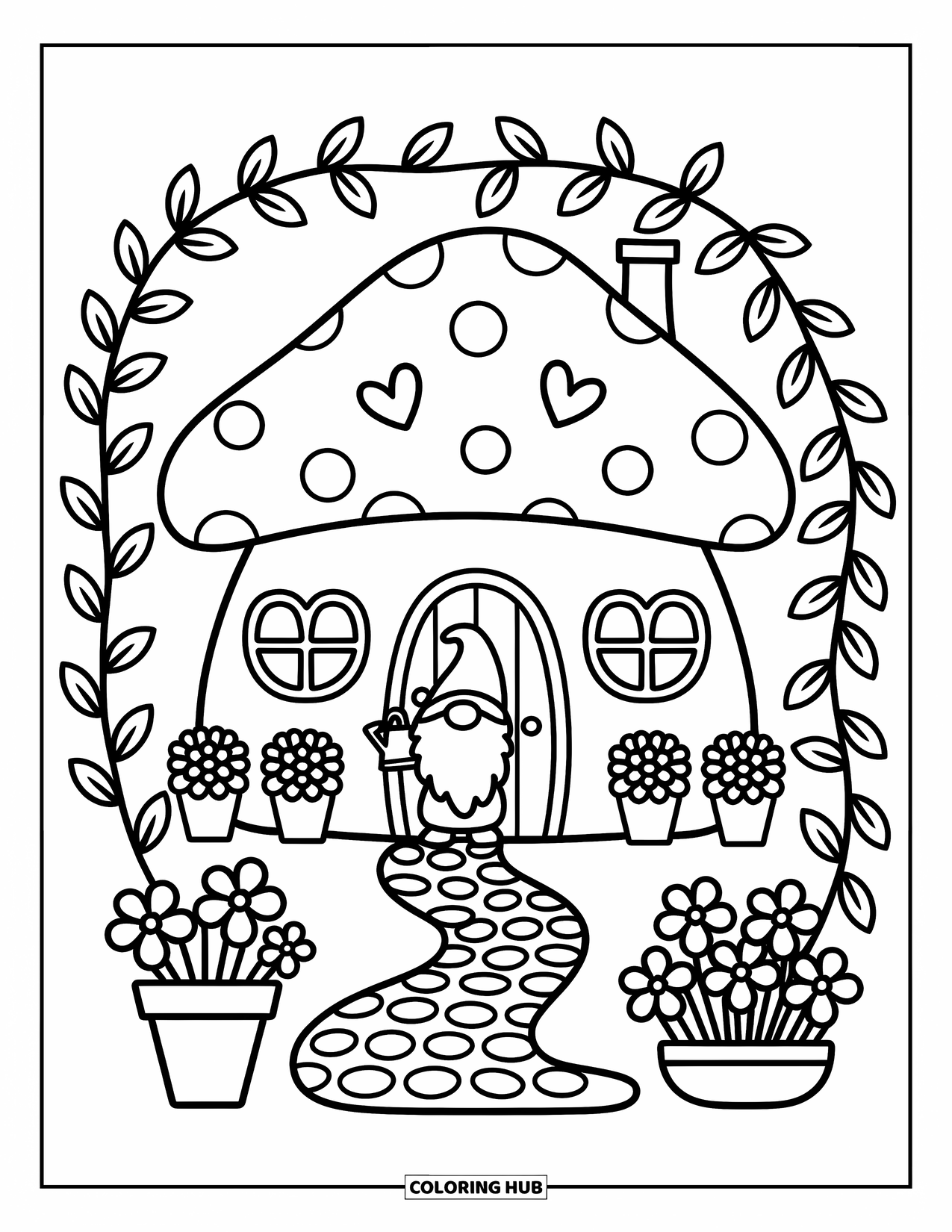 Desen de colorat cu gnom pentru adulți: Un gnom care udă flori în afara unei case ciupercă cu o potecă de piatră cubică