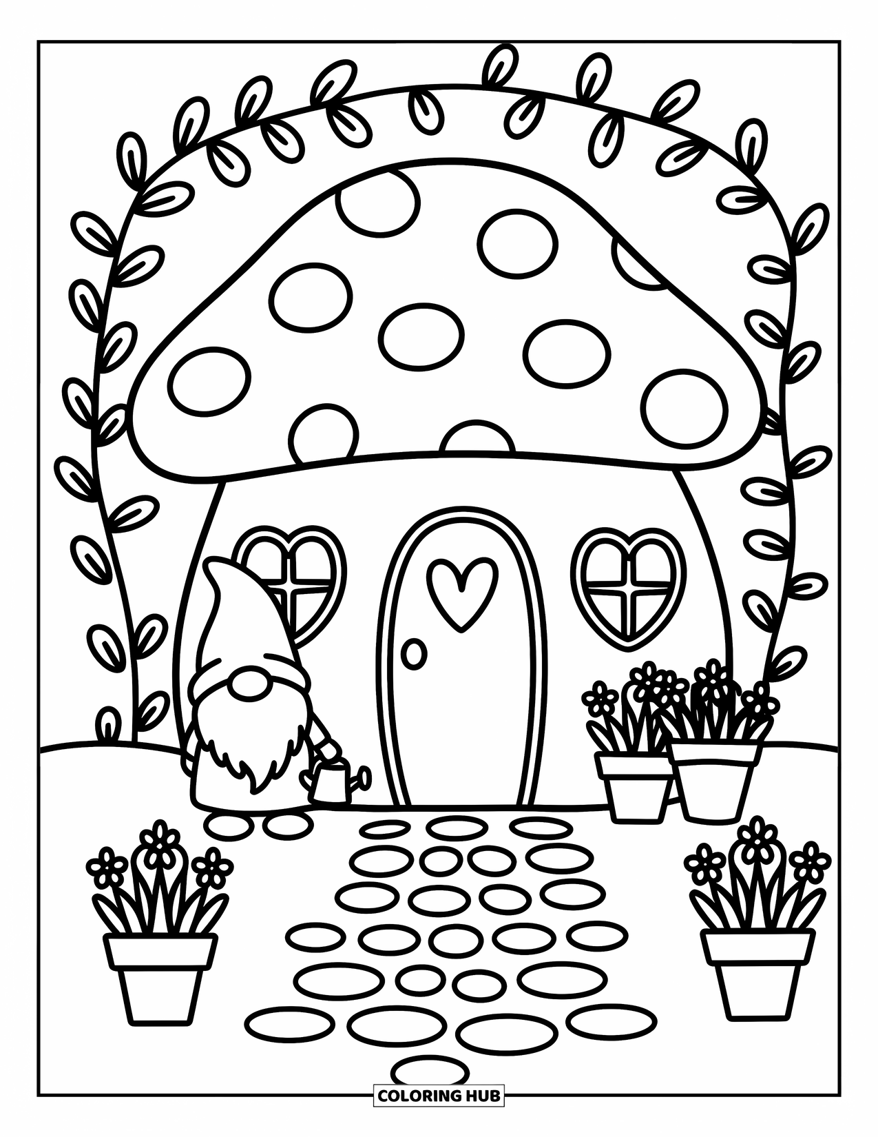 Desen de colorat cu gnom pentru adulți: Un gnom udând plante lângă o casă ciupercă cu ferestre în formă de inimă
