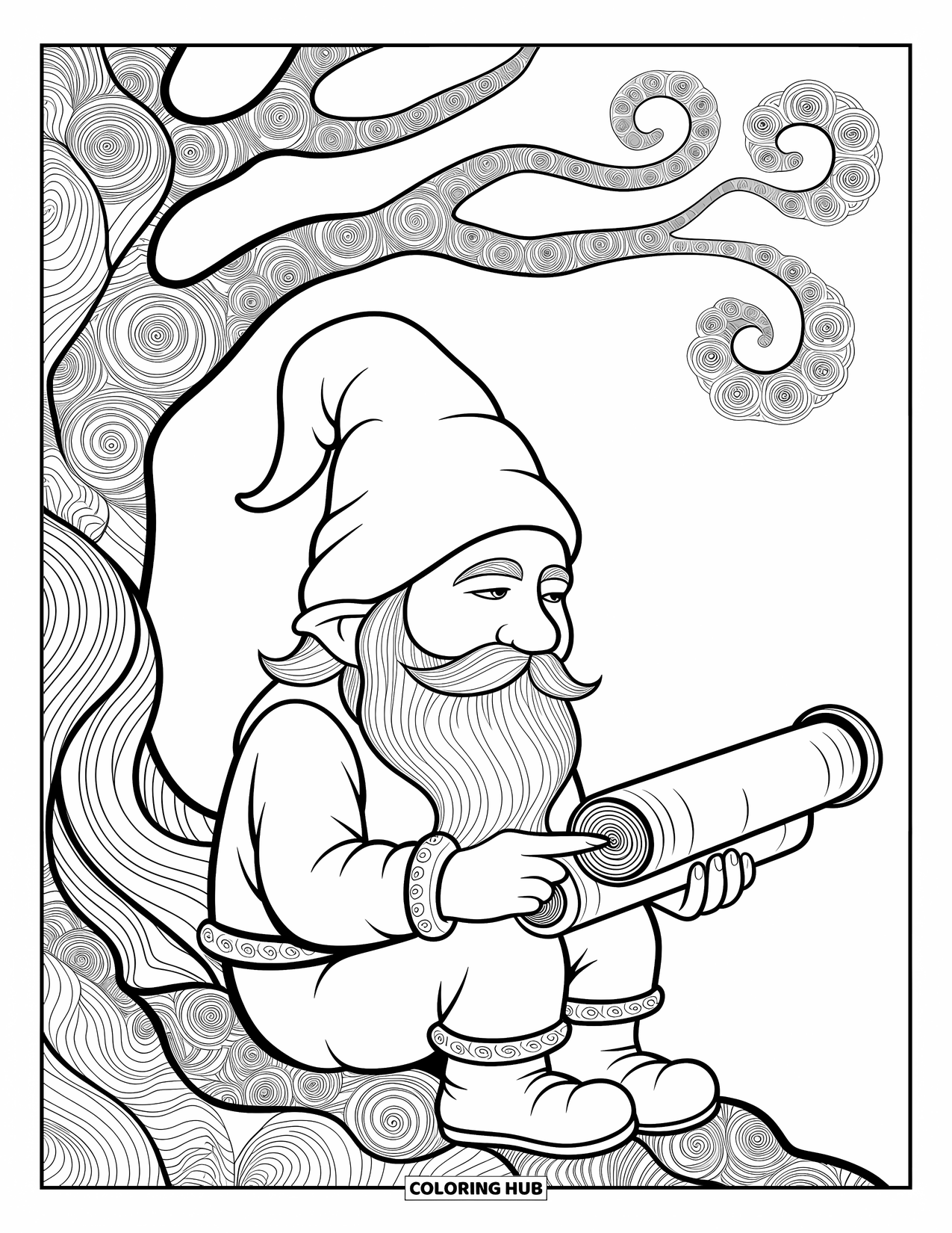 Desen de colorat cu gnom pentru adulți: Un gnom cu un sul sub un copac, înconjurat de modele complicate