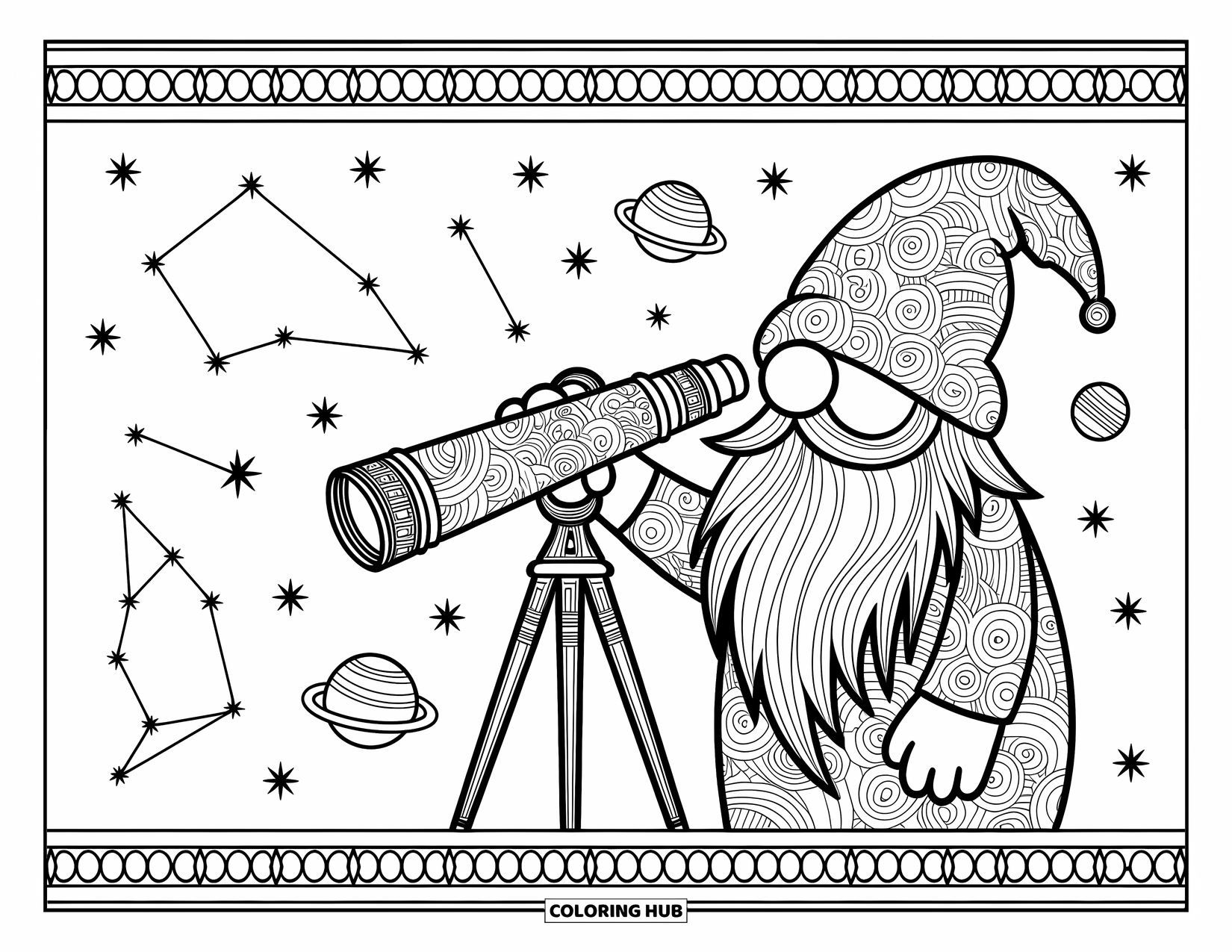 Desen de colorat cu gnom pentru adulți: Un gnom cu un telescop privind constelațiile, înconjurat de modele spiralate