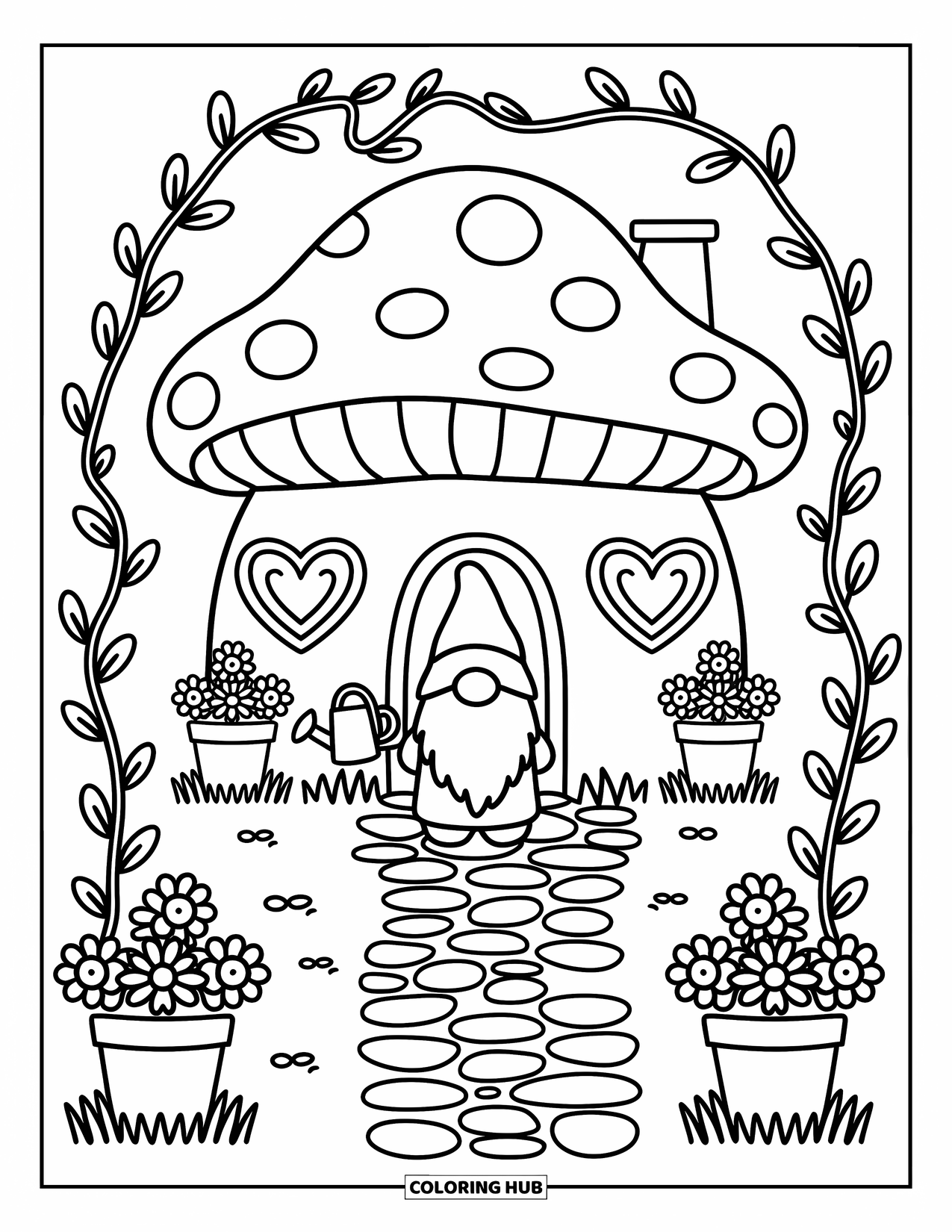 Desen de colorat cu gnom pentru adulți: Un gnom cu o stropitoare lângă o casă ciupercă, înconjurat de flori