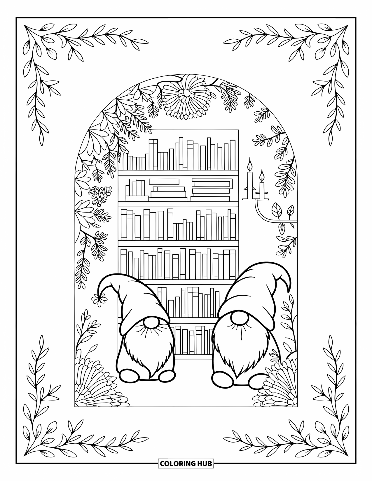 Desen de colorat cu gnom pentru adulți: O bibliotecă cu gnomi din pădure, plină de cărți și modele artistice