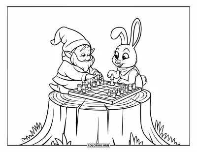 Gnome Coloring Page for Kids: A gnome and a rabbit playing chess on a stump with trees around