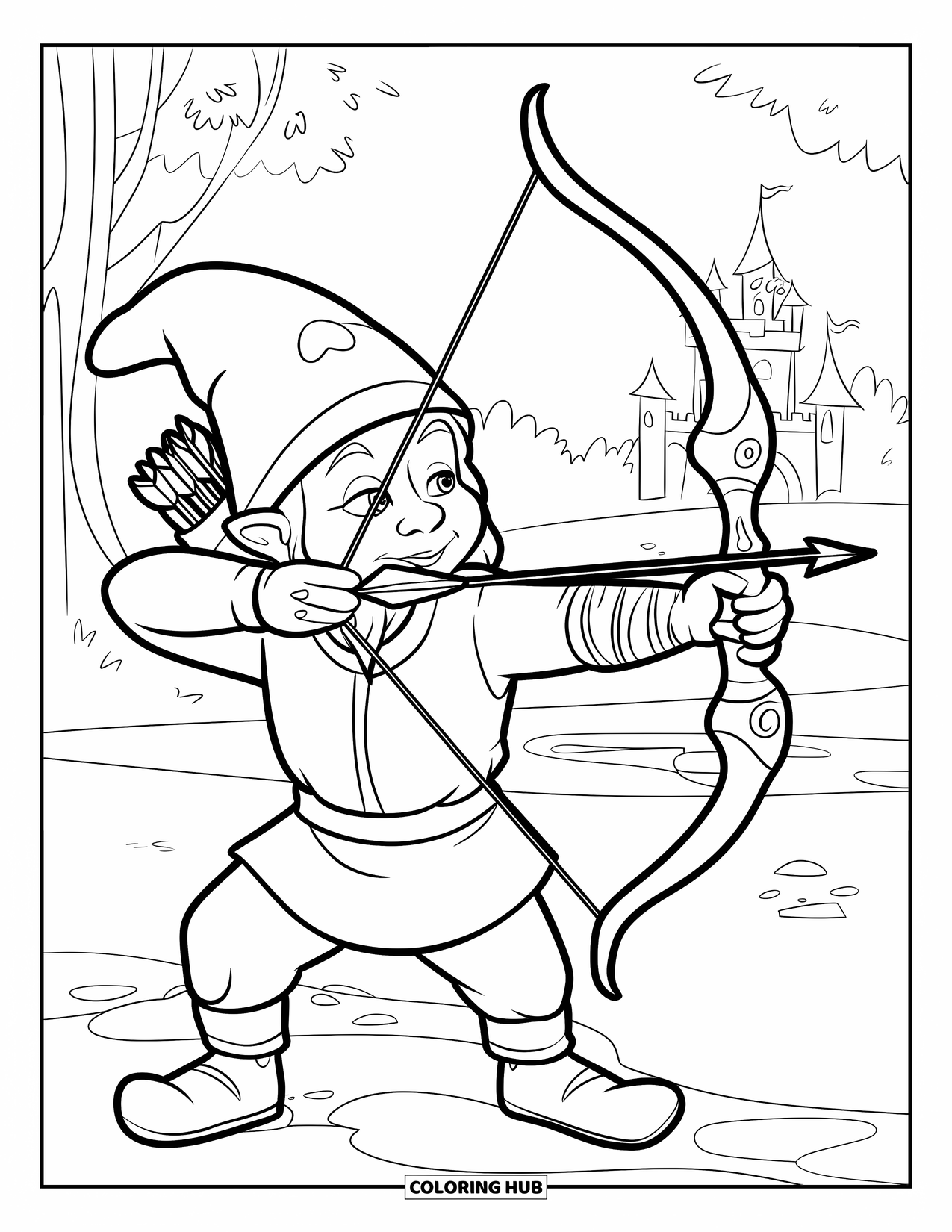 Desen de colorat cu gnom pentru copii: Un gnom arcaș care țintește cu un arc o țintă îndepărtată lângă un castel