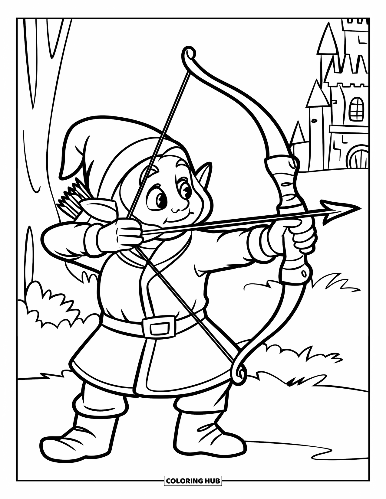 Desen de colorat cu gnom pentru copii: Un gnom arcaș care trage cu un arc cu un castel și copaci în apropiere