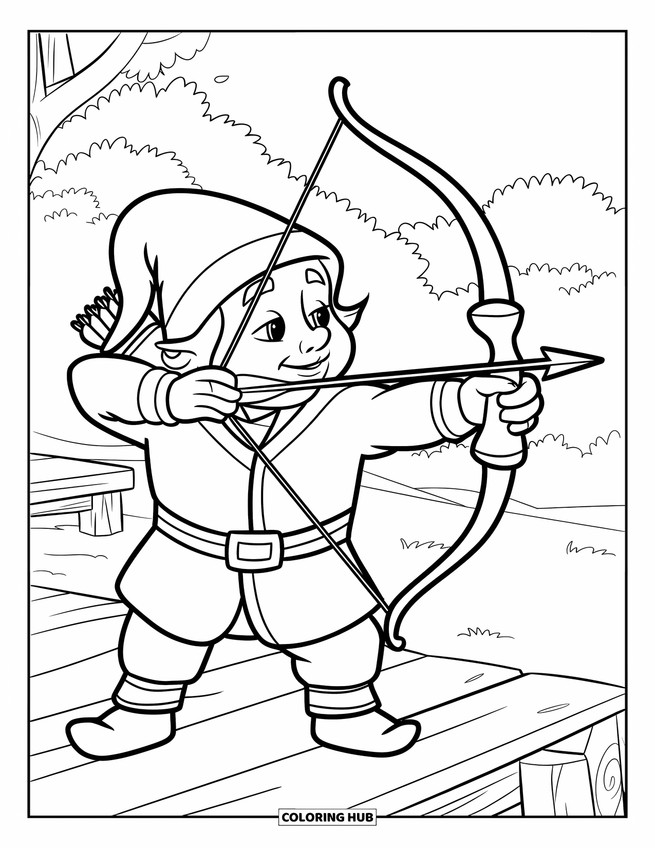 Desen de colorat cu gnom pentru copii: Un gnom arcaș cu un arc gata, înconjurat de copaci și un castel
