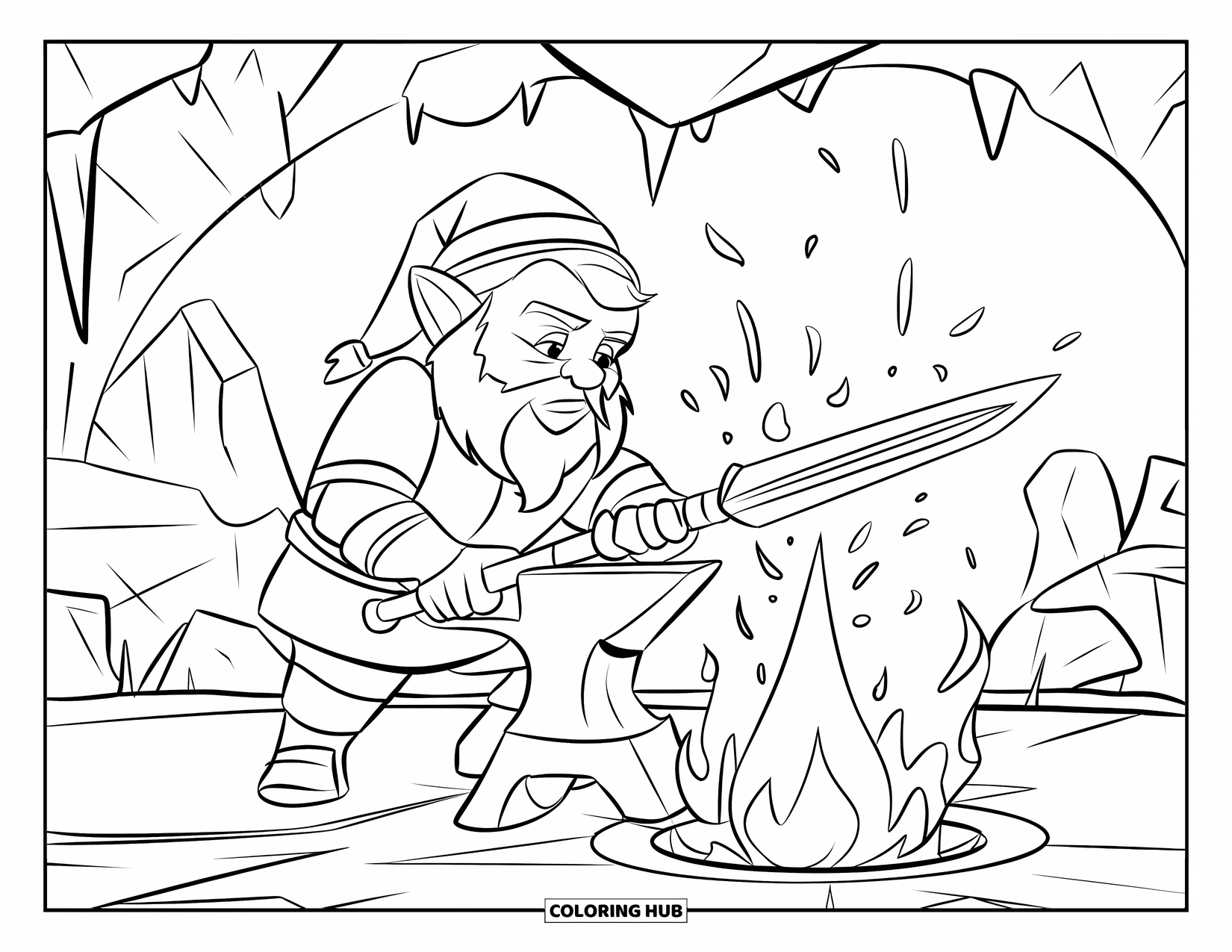 Desen de colorat cu gnom pentru copii: Un gnom fierar care forjează o armă la o nicovală cu flăcări în jur