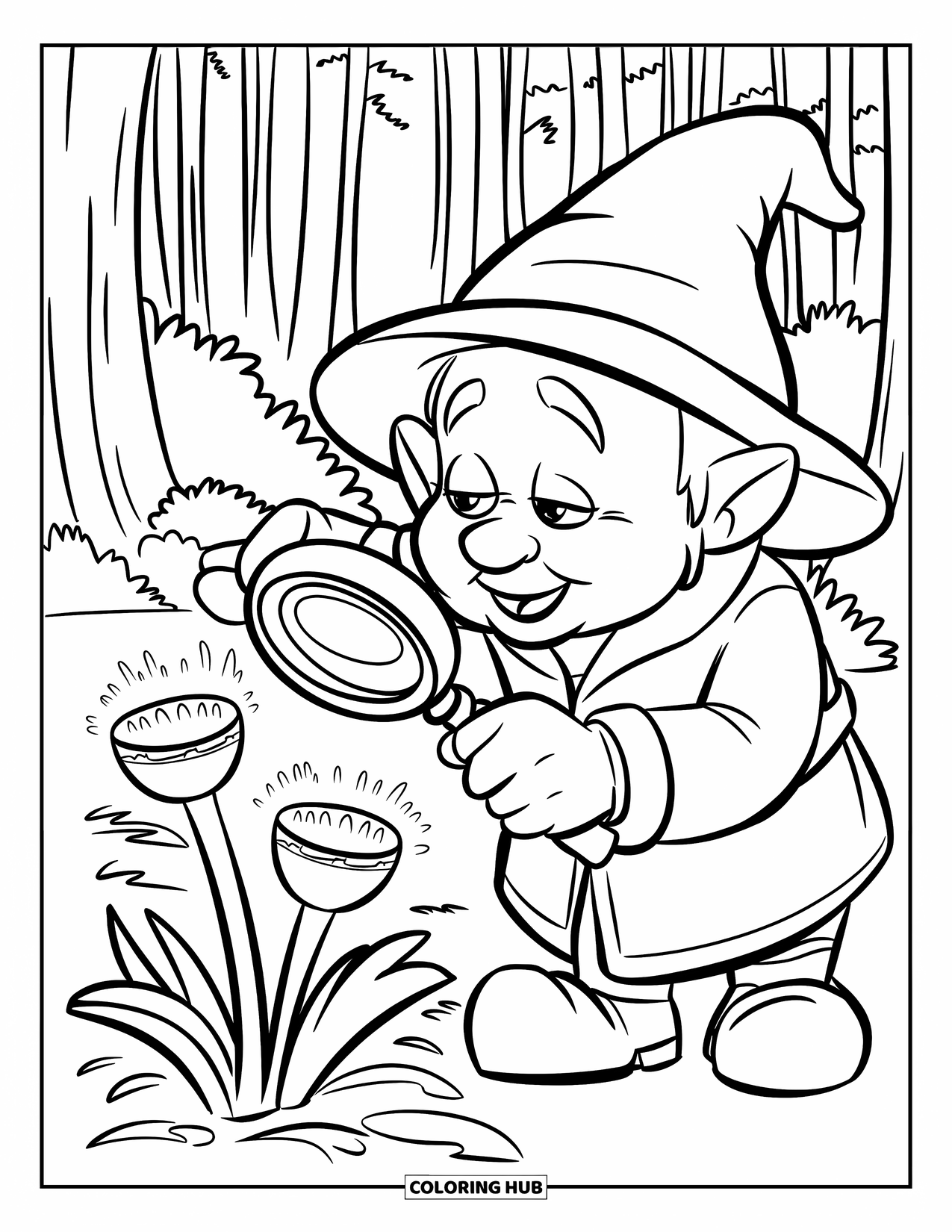 Desen de colorat cu gnom pentru copii: Un gnom botanist care examinează flori strălucitoare cu o lupă