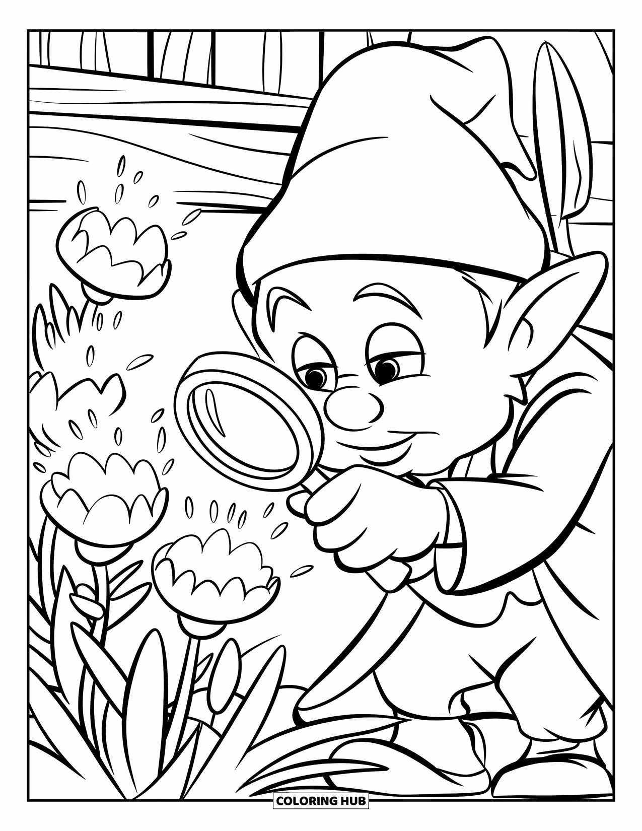 Desen de colorat cu gnom pentru copii: Un gnom botanist care inspectează flori strălucitoare într-un cadru senin de pădure