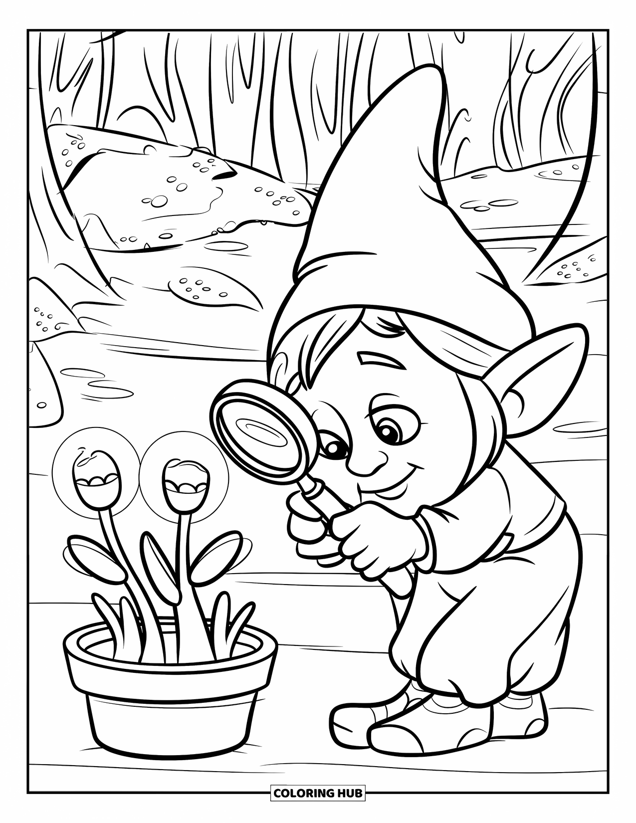 Desen de colorat cu gnom pentru copii: Un gnom botanist cu o lupă care studiază flori strălucitoare