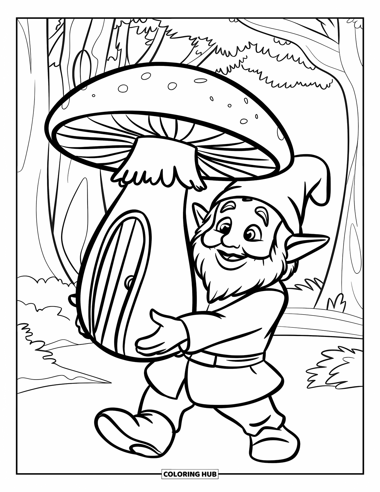Desen de colorat cu gnom pentru copii: Un gnom care poartă o ciupercă cu o ușă mică într-o pădure