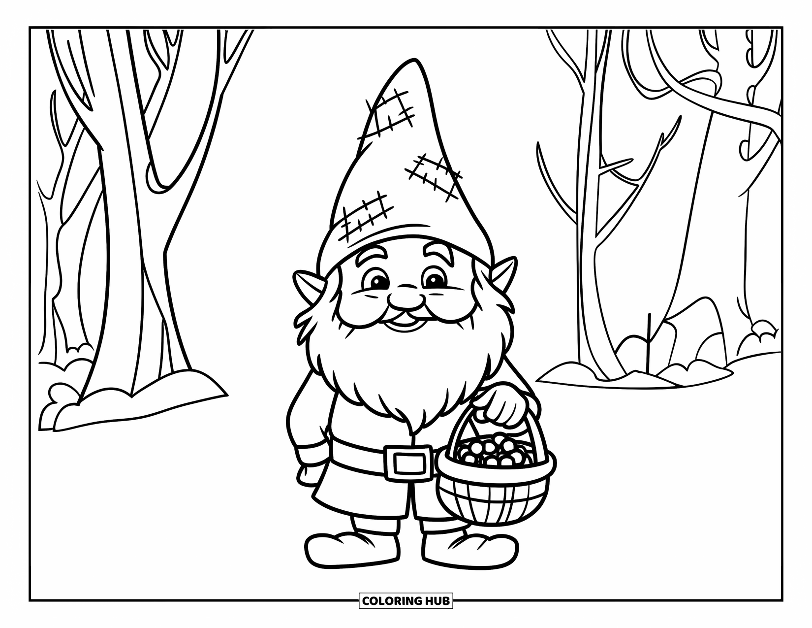Desen de colorat cu gnom pentru copii: Un gnom care poartă fructe de pădure într-un coș, purtând o pălărie cu petice