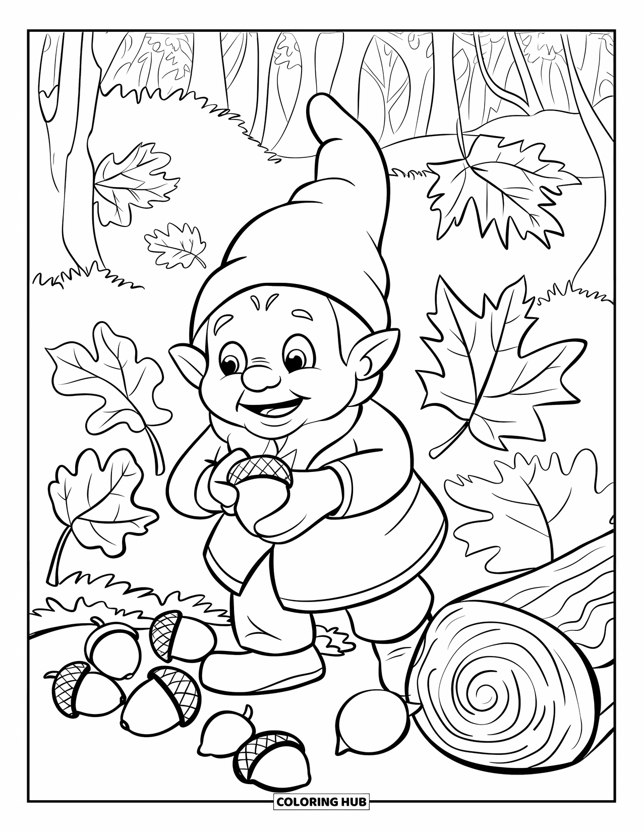 Desen de colorat cu gnom pentru copii: Un gnom care adună ghinde înconjurat de frunze de toamnă într-o pădure