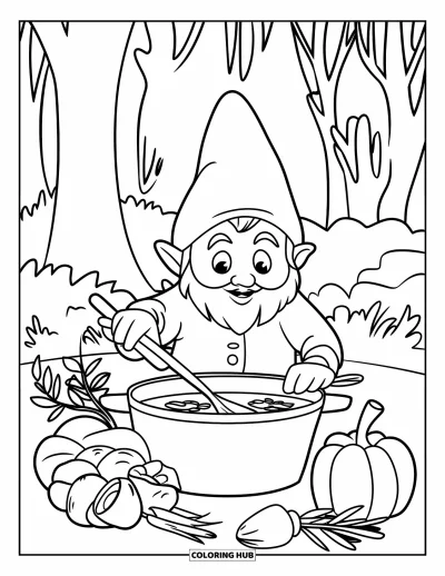 Gnome Coloring Page for Kids: A gnome cooking soup in a forest surrounded by herbs and vegetables