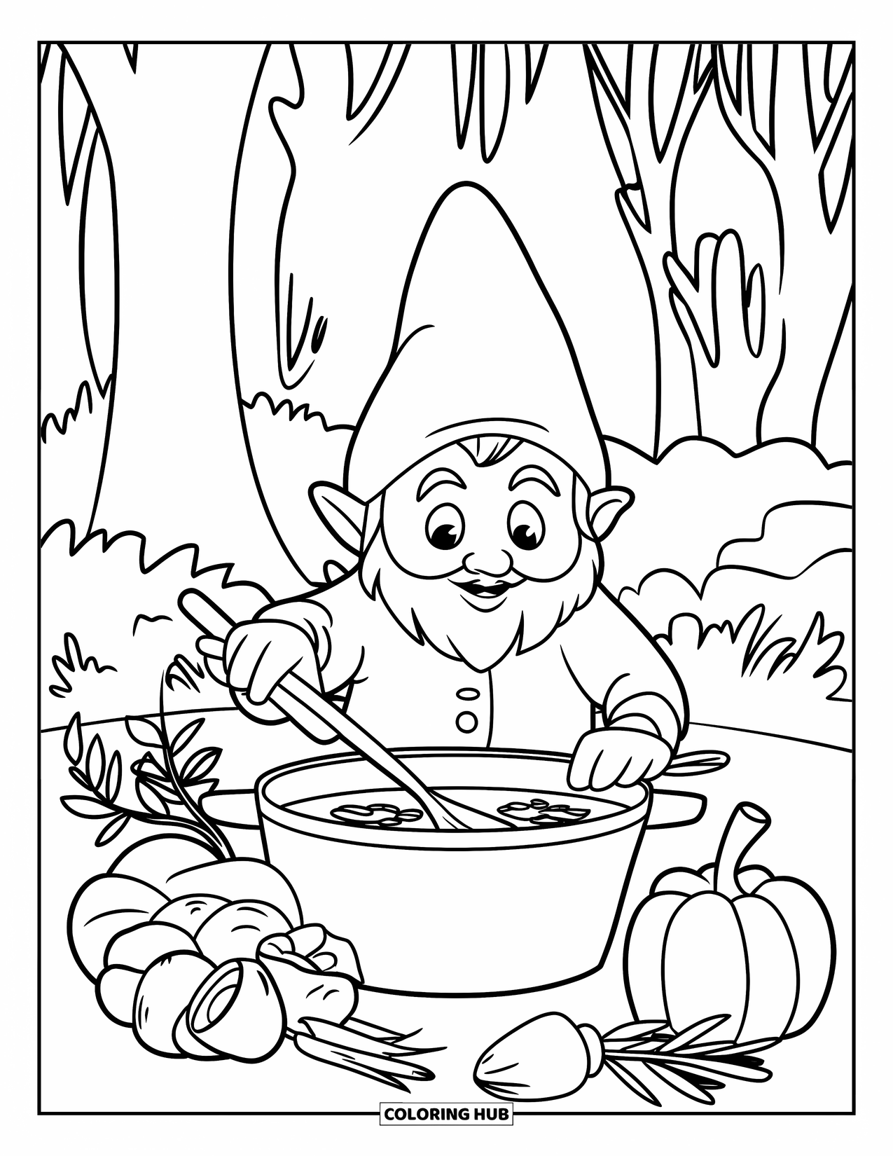 Desen de colorat cu gnom pentru copii: Un gnom care gătește supă într-o pădure înconjurat de ierburi și legume