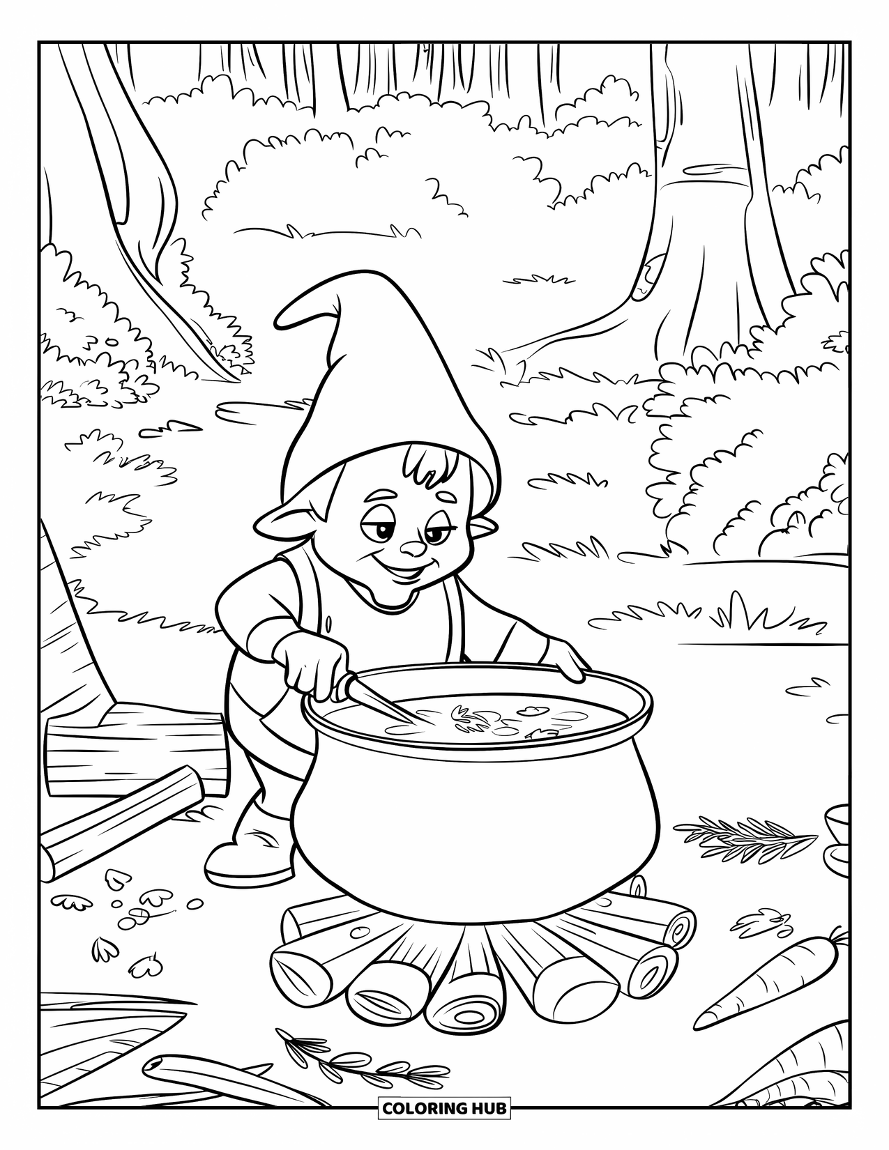 Desen de colorat cu gnom pentru copii: Un gnom care gătește supă într-o oală deasupra unui foc de tabără într-o pădure