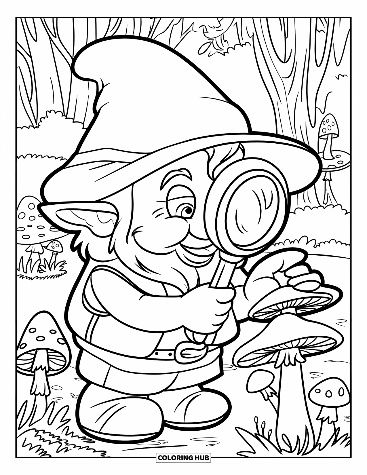 Desen de colorat cu gnom pentru copii: Un gnom detectiv care examinează ciuperci cu o lupă într-o pădure