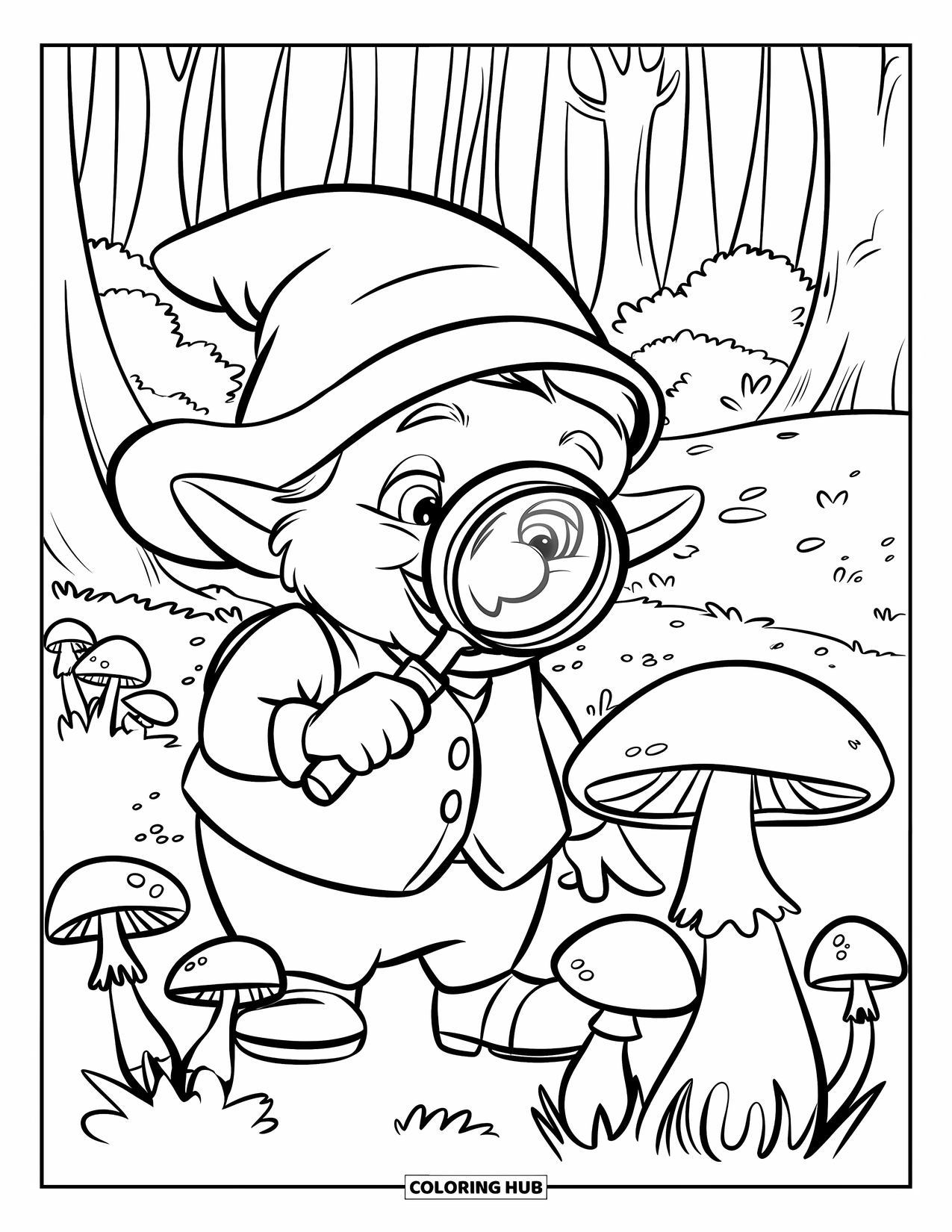 Desen de colorat cu gnom pentru copii: Un gnom detectiv care investighează ciuperci cu o lupă