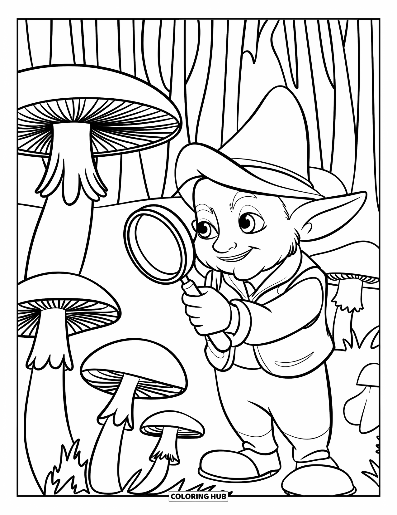 Desen de colorat cu gnom pentru copii: Un gnom detectiv cu o lupă care studiază ciuperci printre copaci
