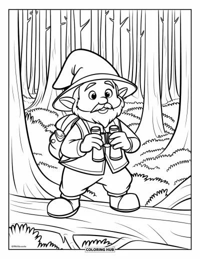 Gnome Coloring Page for Kids: A gnome explorer holding binoculars, standing on a log in a dense forest