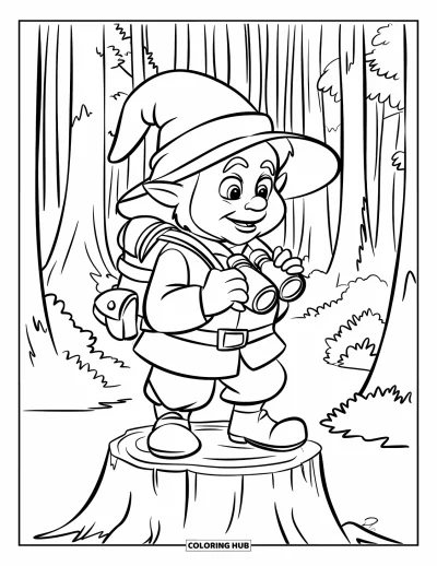Gnome Coloring Page for Kids: A gnome explorer with a backpack and binoculars standing on a tree stump