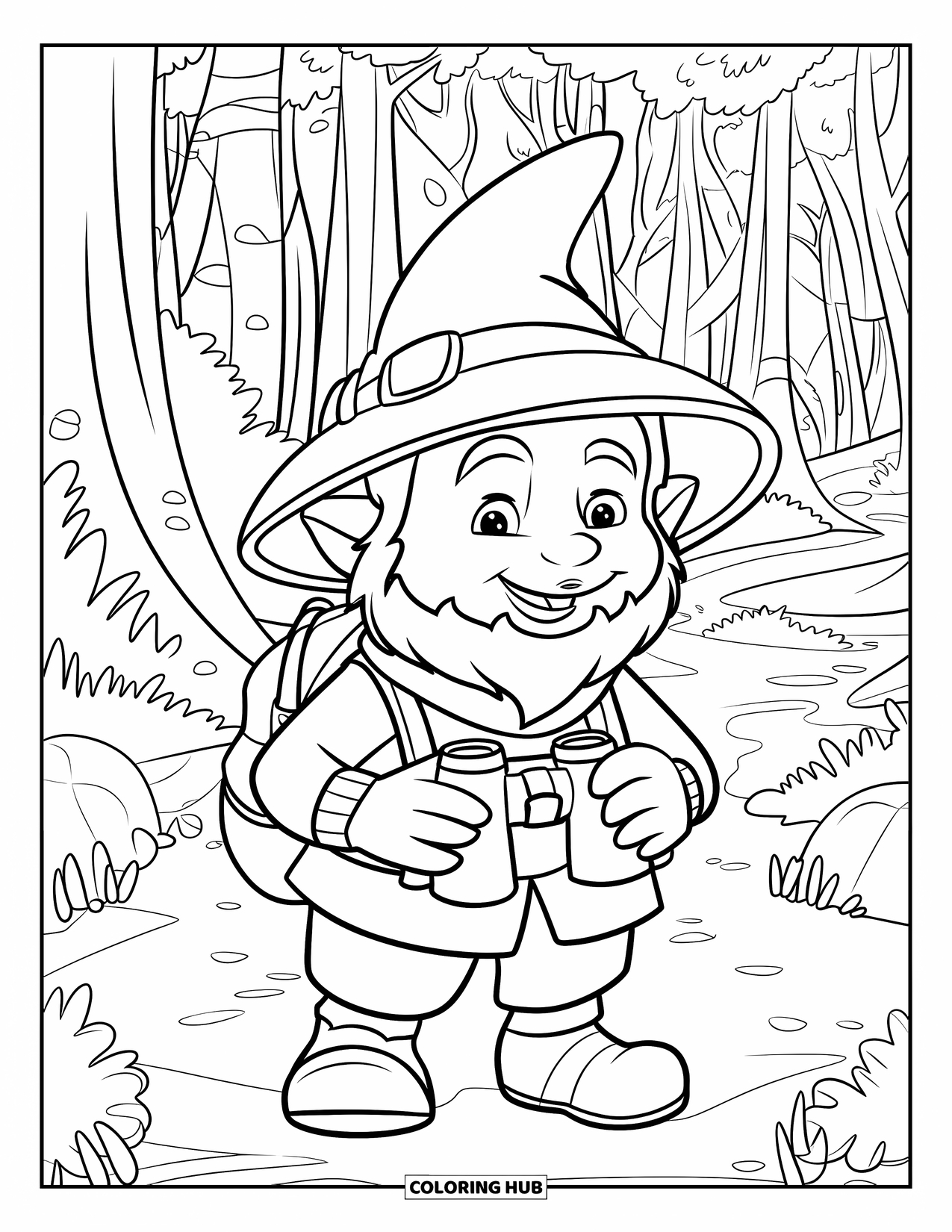 Desen de colorat cu gnom pentru copii: Un gnom explorator cu o pălărie și o eșarfă care poartă un rucsac într-o pădure